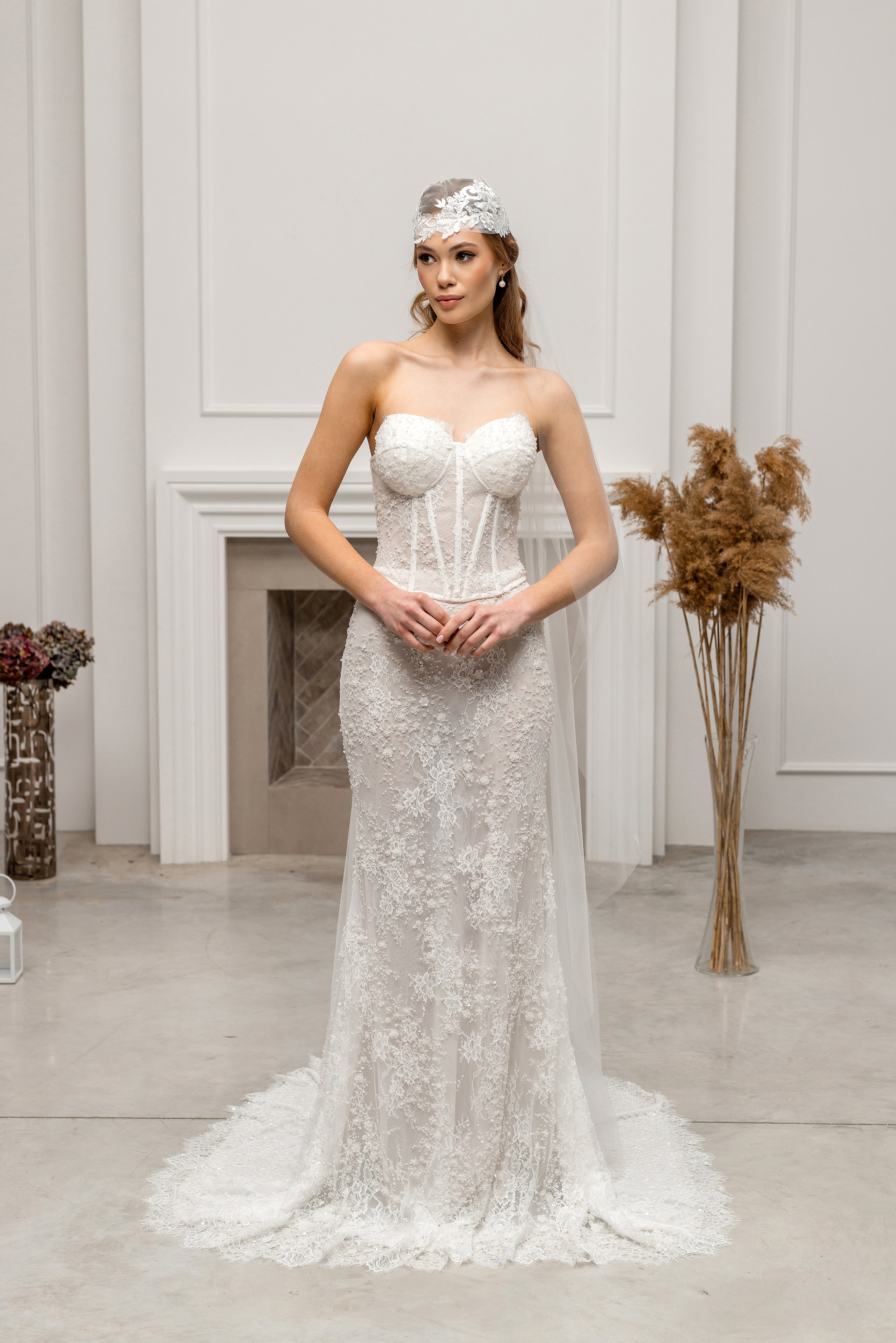 Ivory Floor-Length Bridal Veil with Lace Cap