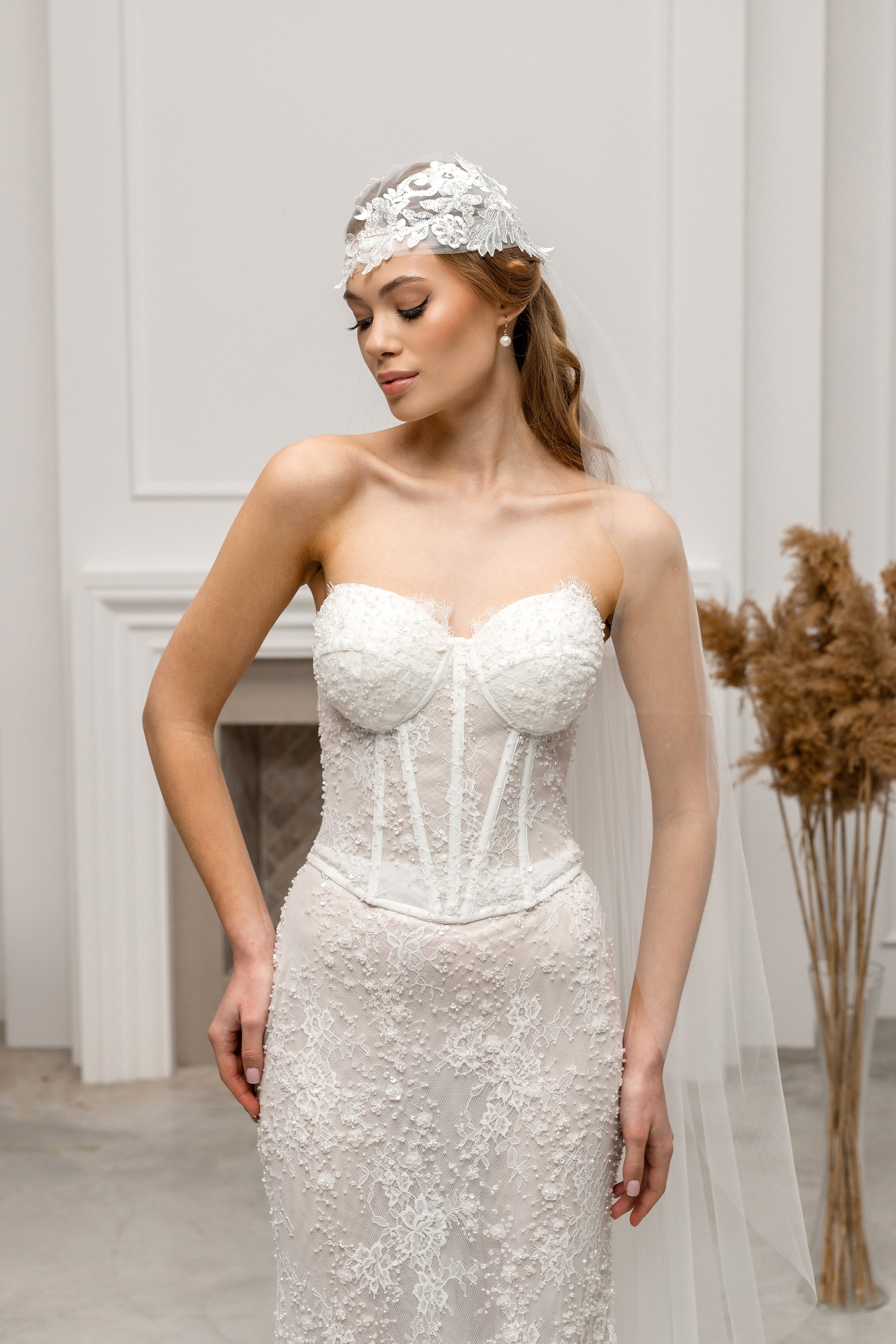 Ivory Floor-Length Bridal Veil with Lace Cap