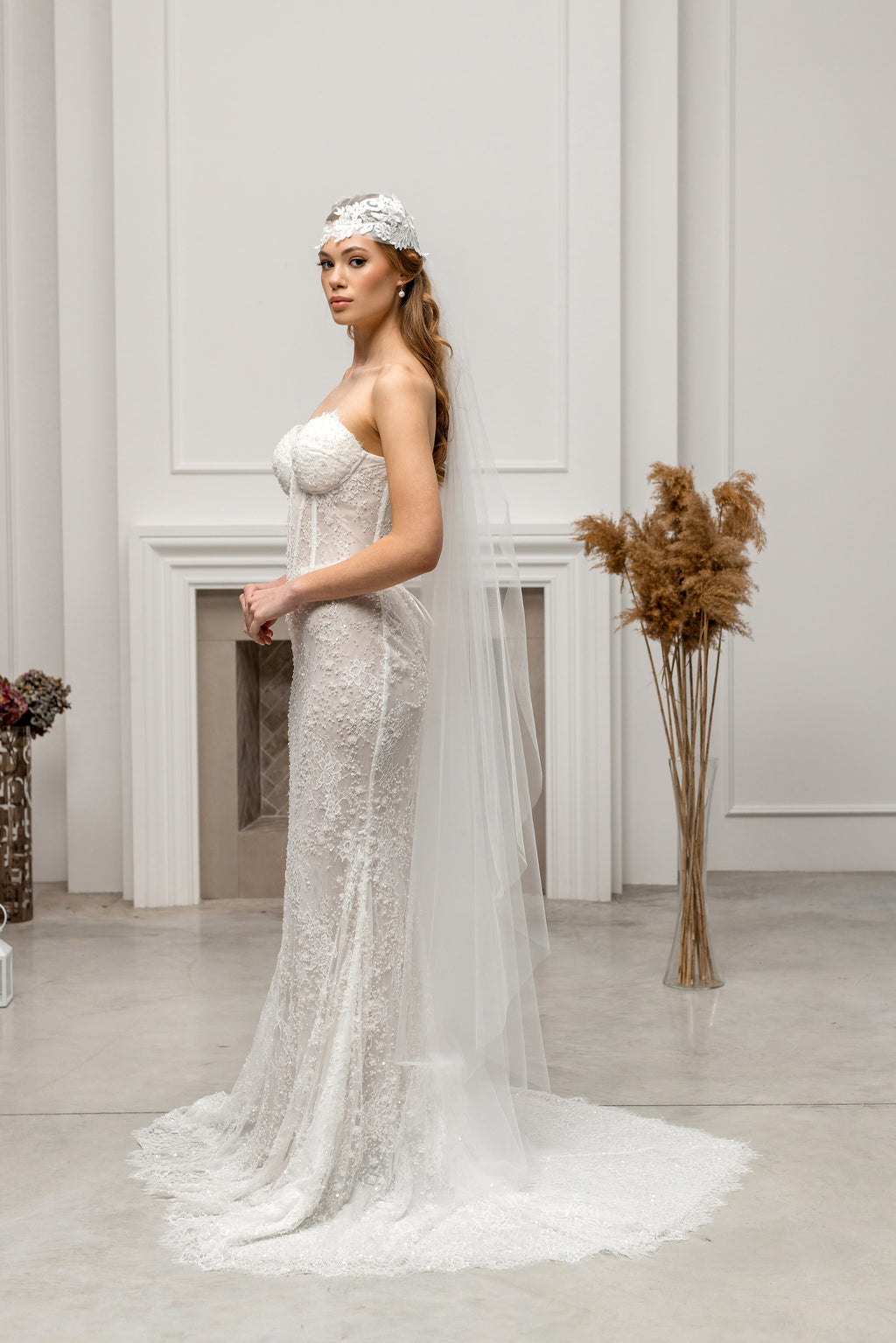 Ivory Floor-Length Bridal Veil with Lace Cap