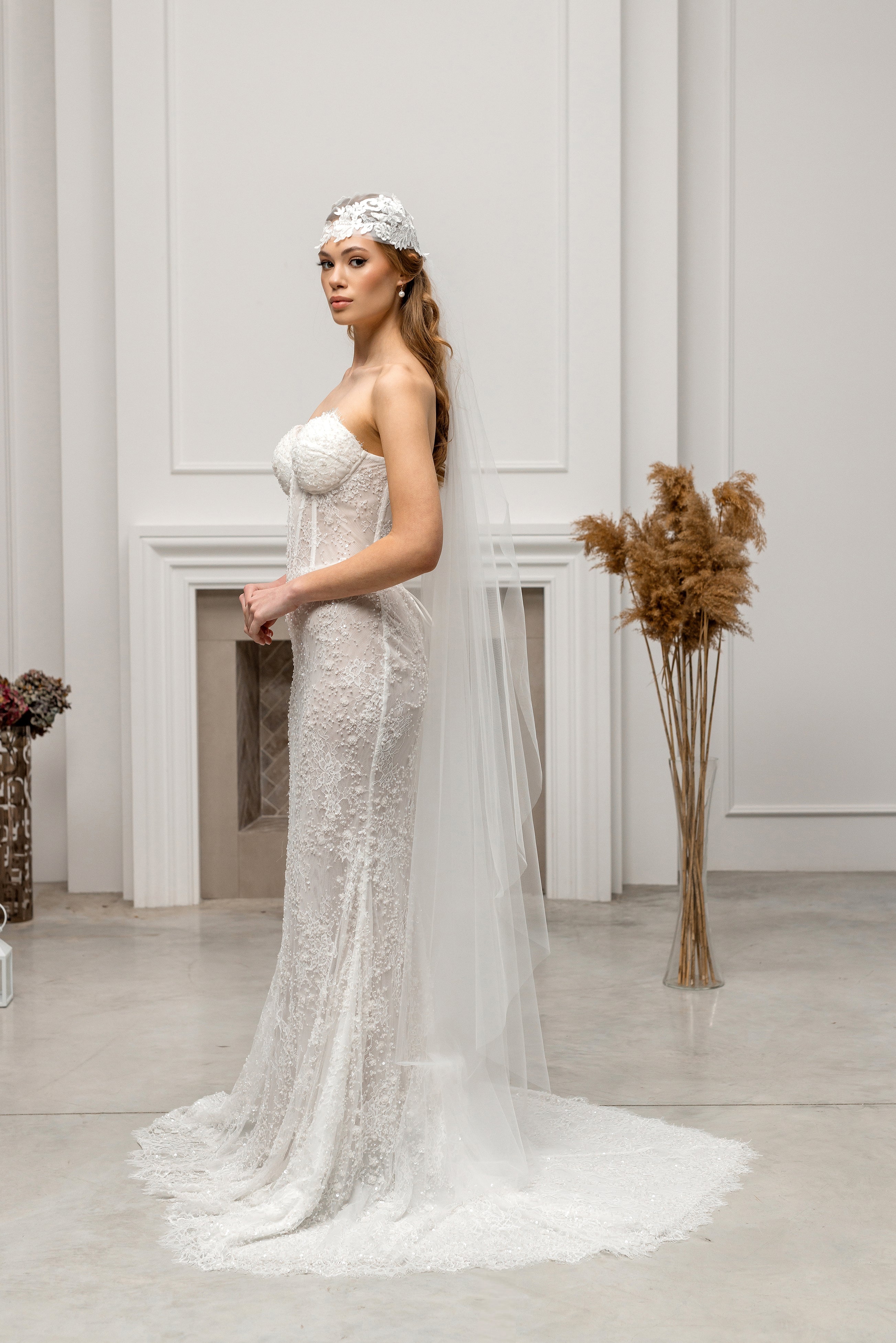 Ivory Floor-Length Bridal Veil with Lace Cap