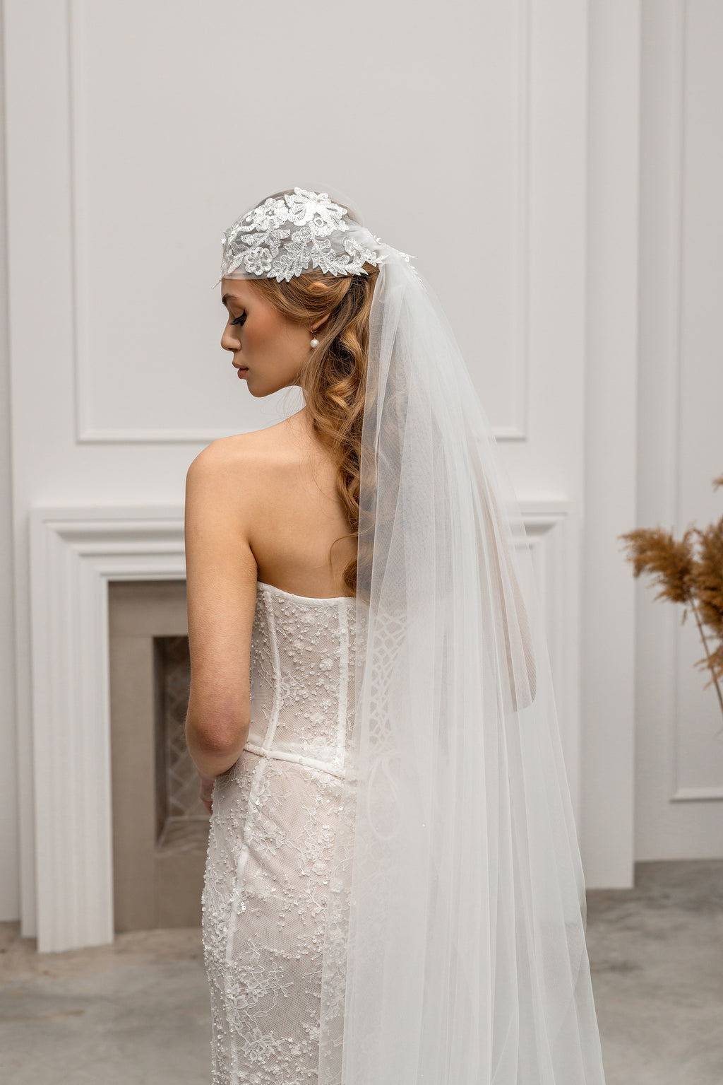 Ivory Floor-Length Bridal Veil with Lace Cap