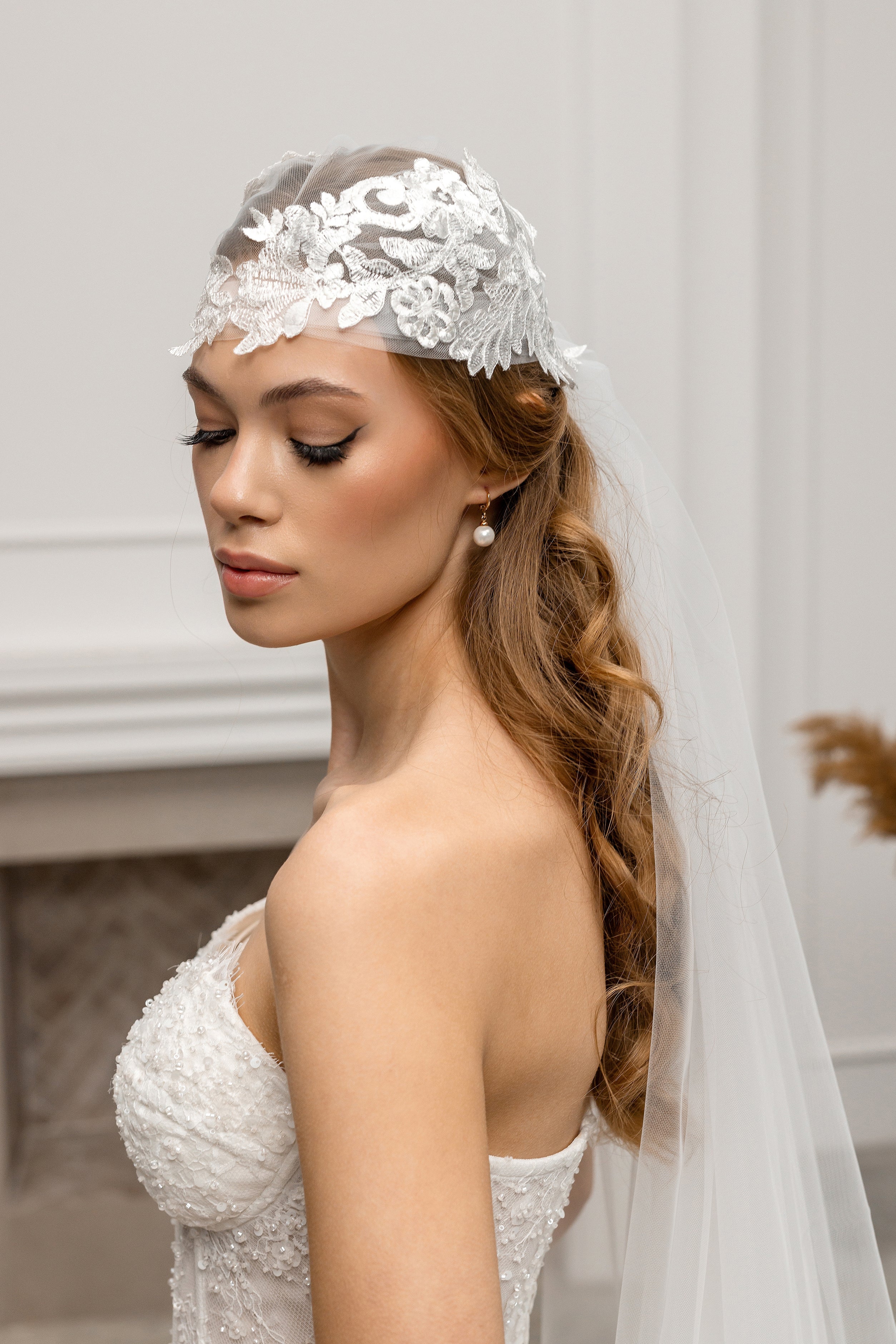 Ivory Floor-Length Bridal Veil with Lace Cap