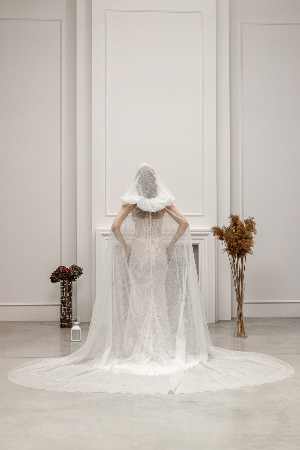 Chapel-Length Bridal Cape Veil with Hood