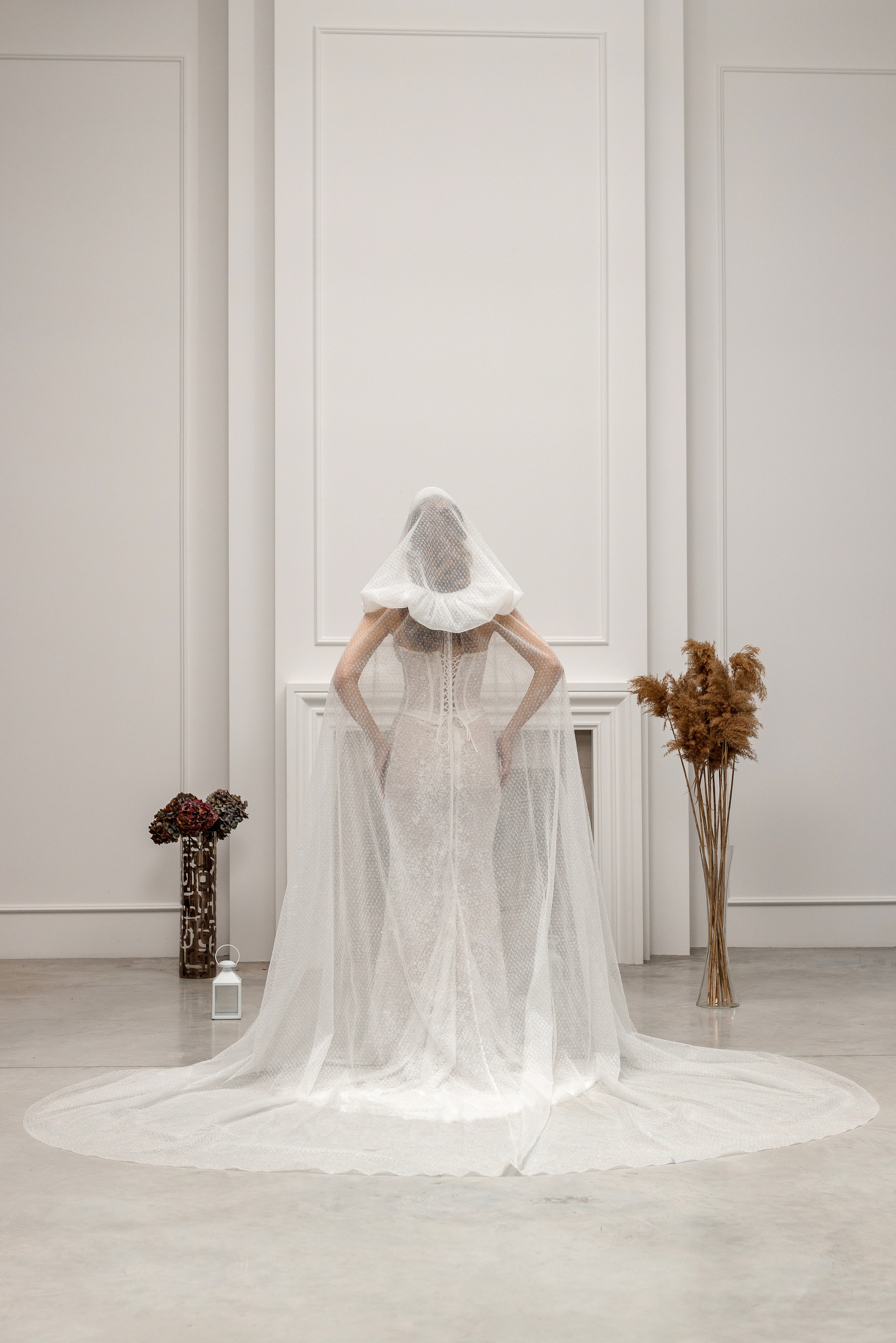 Chapel-Length Bridal Cape Veil with Hood