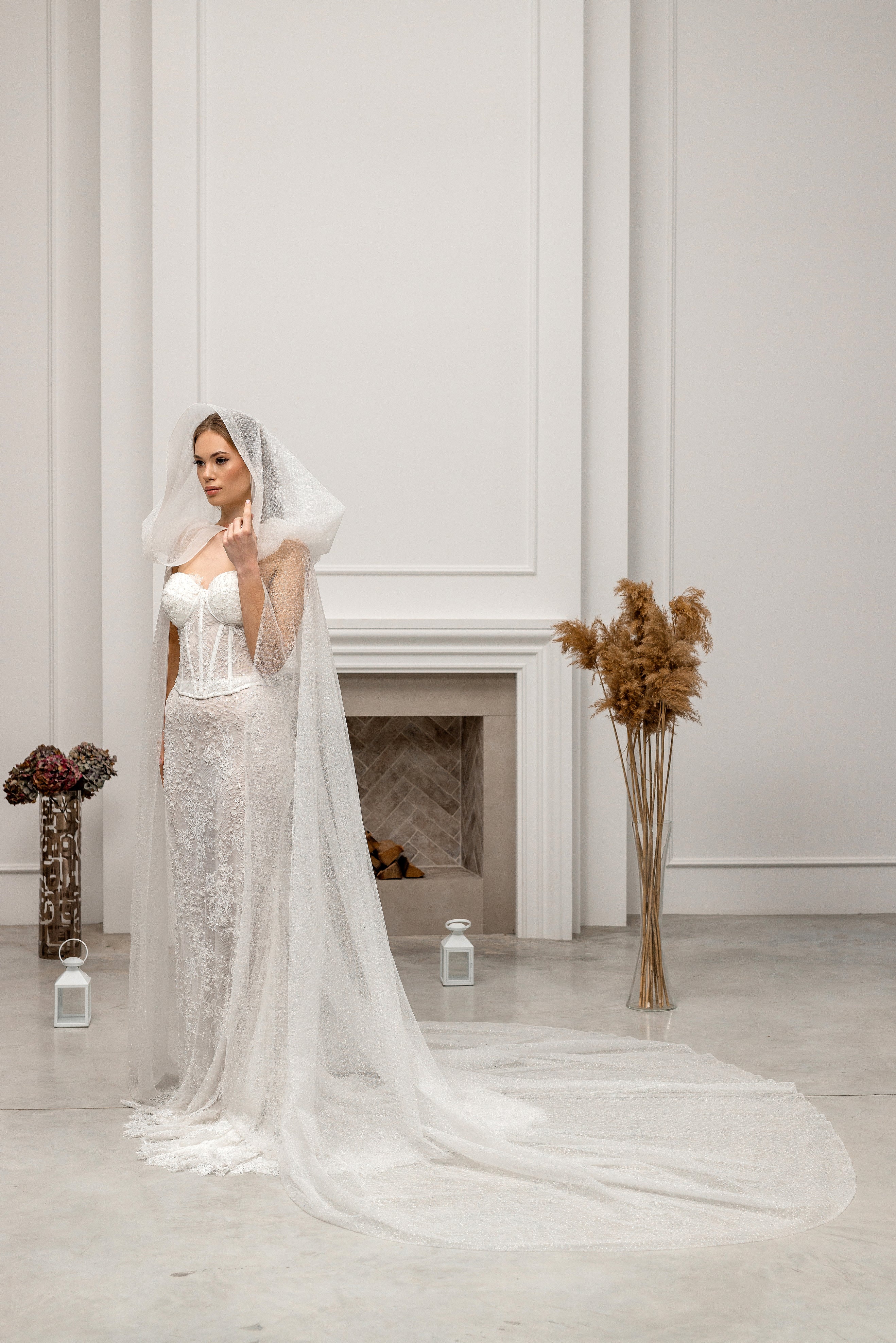 Chapel-Length Bridal Cape Veil with Hood