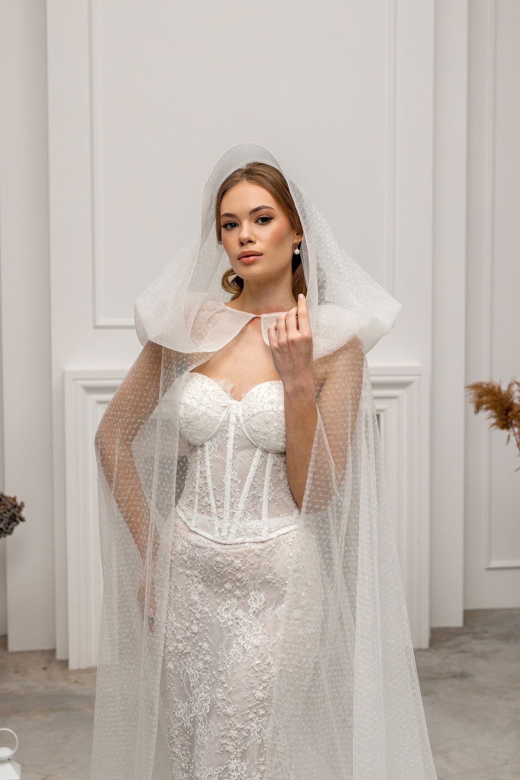 Chapel-Length Bridal Cape Veil with Hood