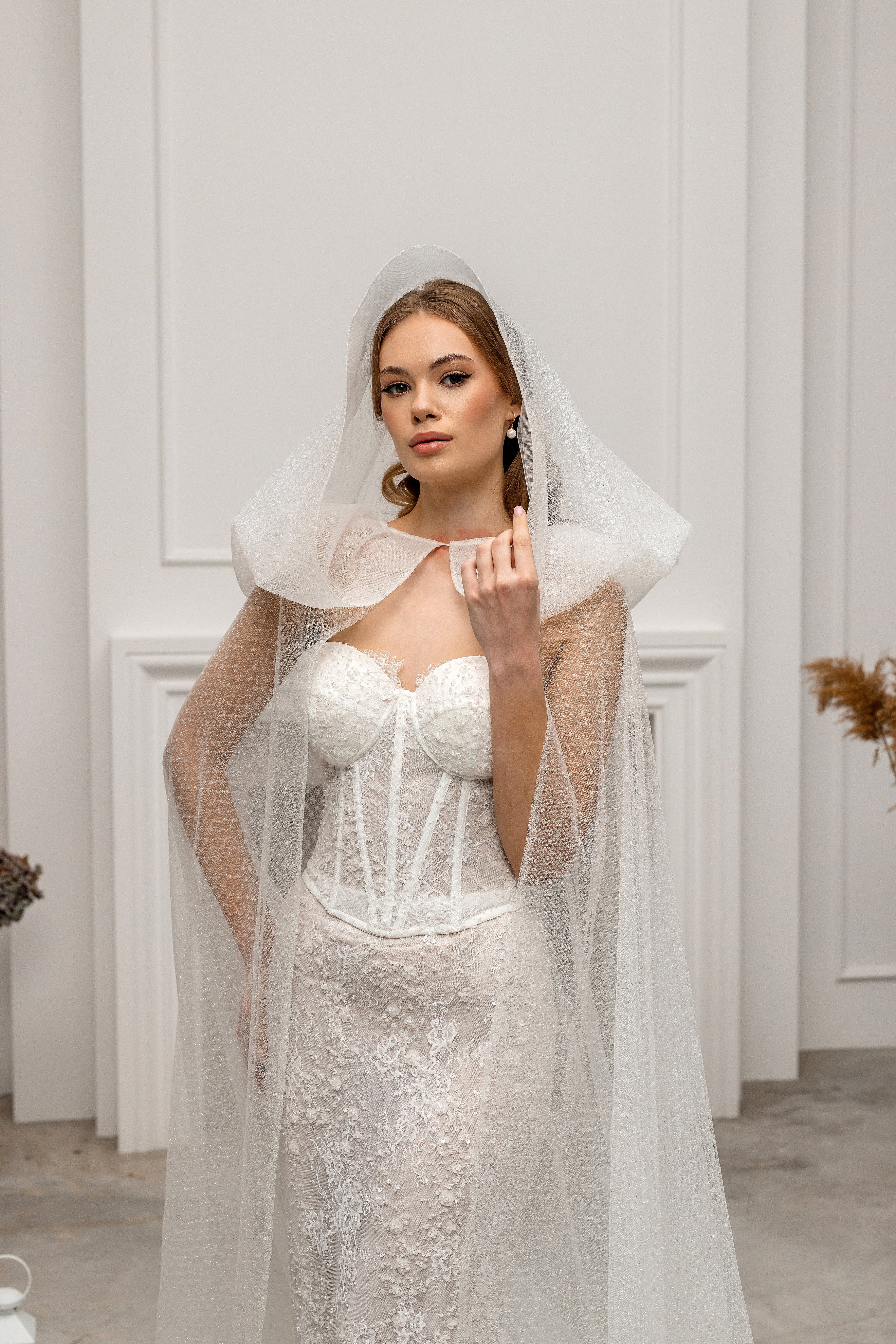 Chapel-Length Bridal Cape Veil with Hood