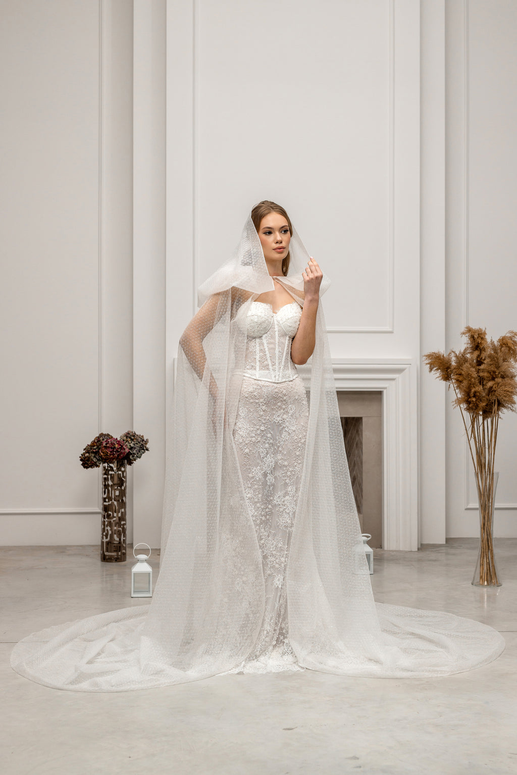 Chapel-Length Bridal Cape Veil with Hood