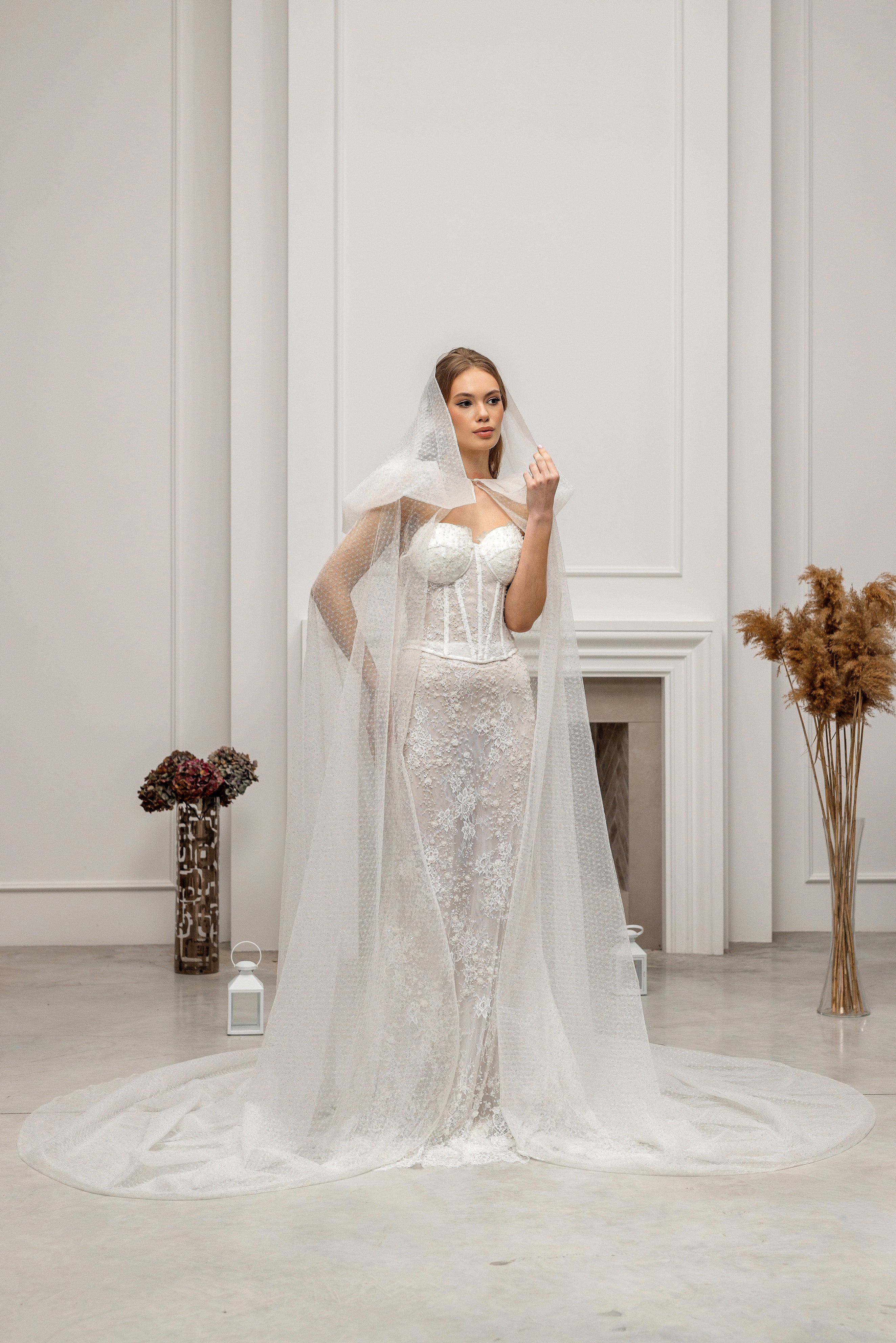 Chapel-Length Bridal Cape Veil with Hood
