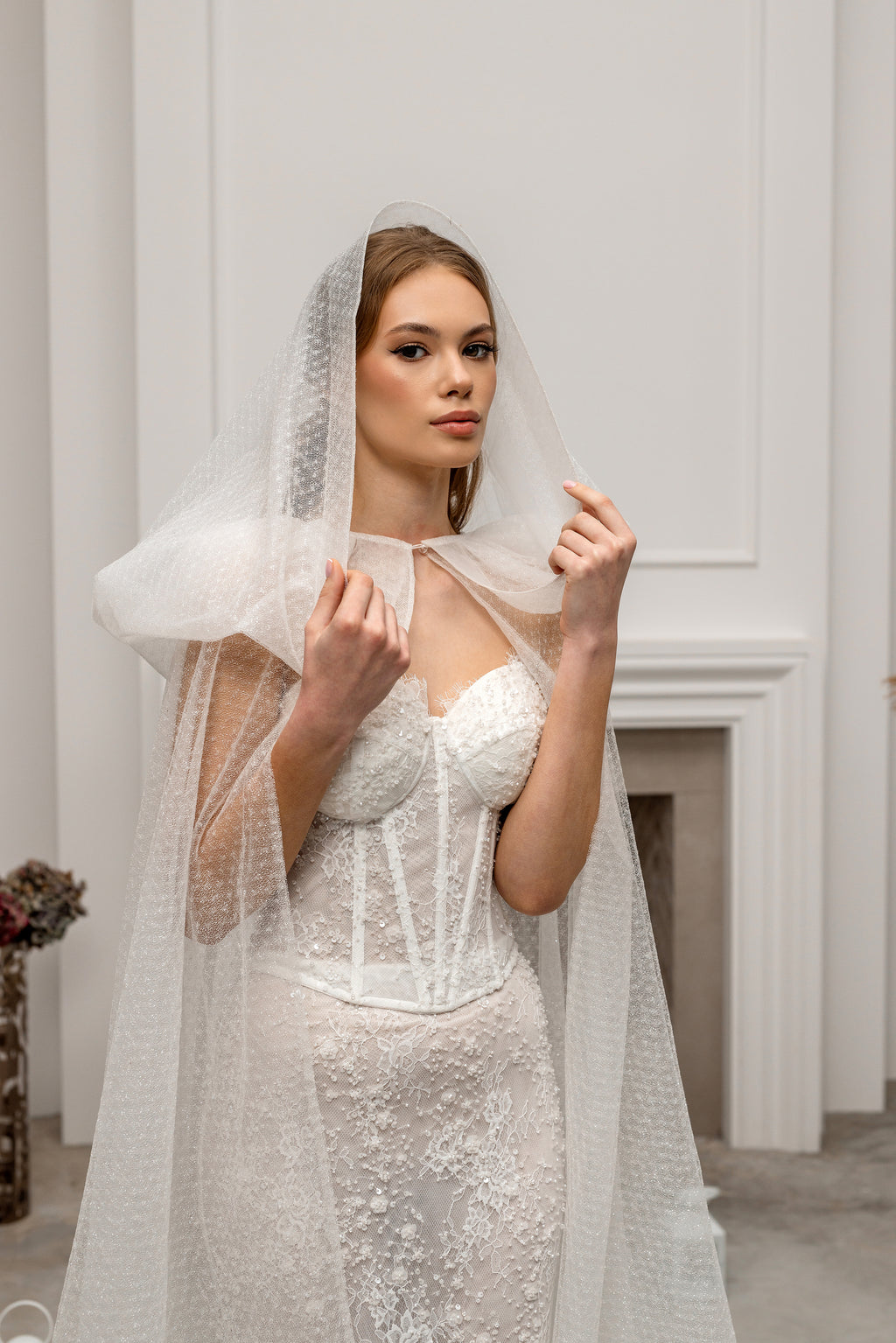 Chapel-Length Bridal Cape Veil with Hood