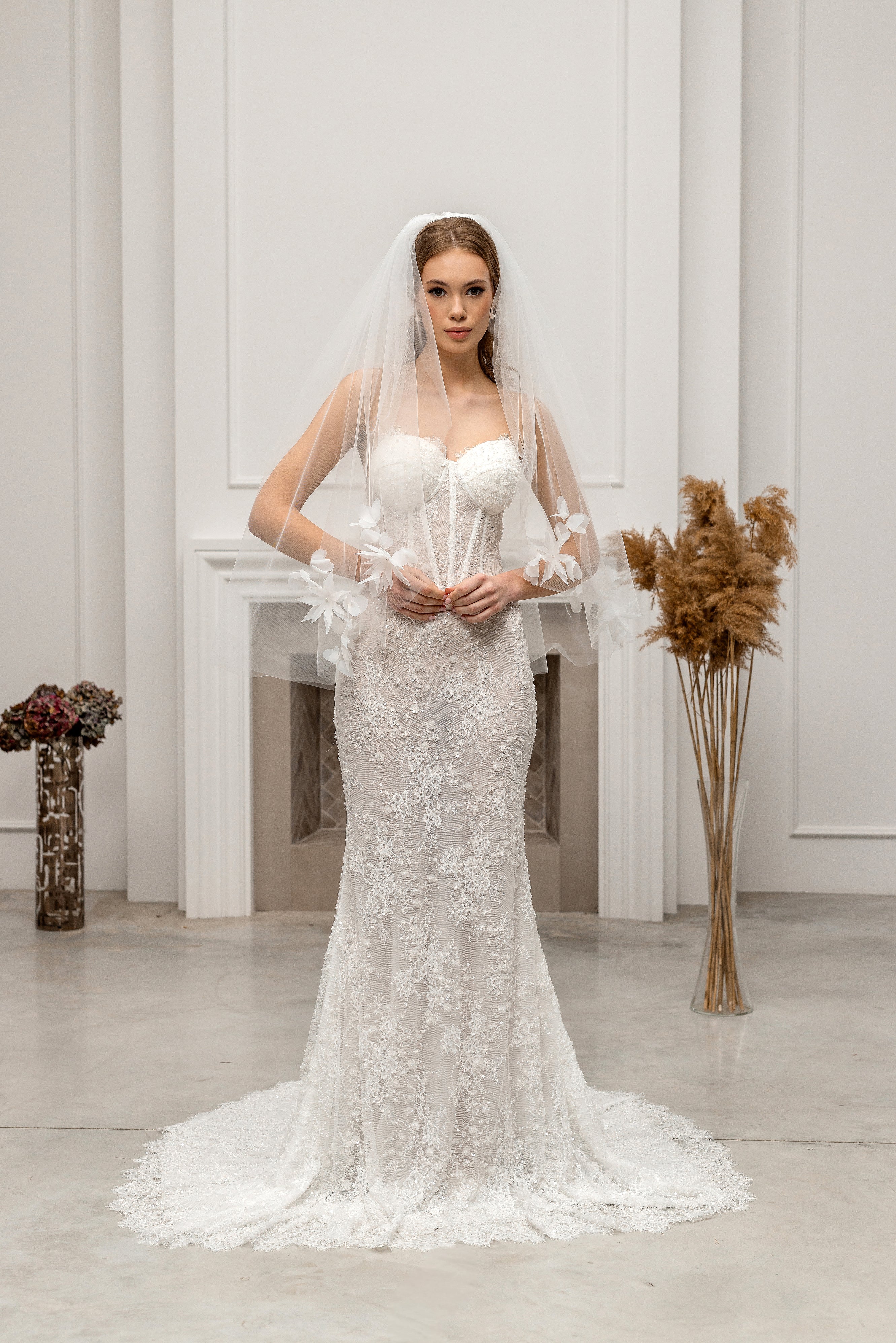 Ivory Fingertip-Length Bridal Veil with Flowers