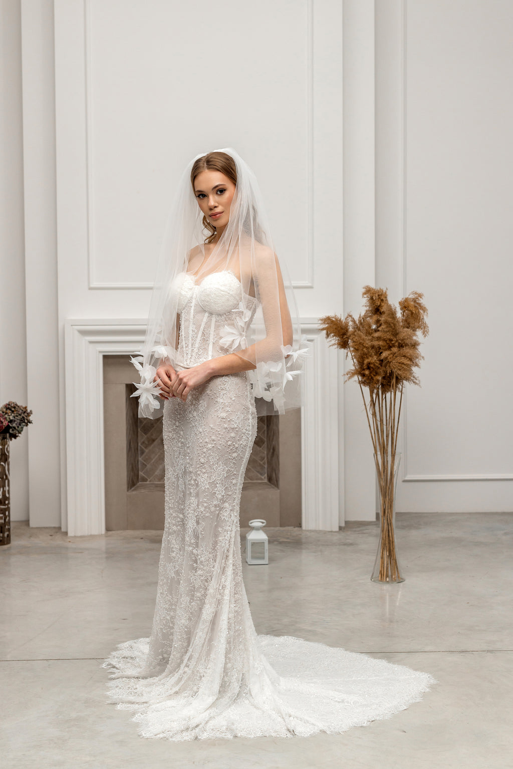 Ivory Fingertip-Length Bridal Veil with Flowers