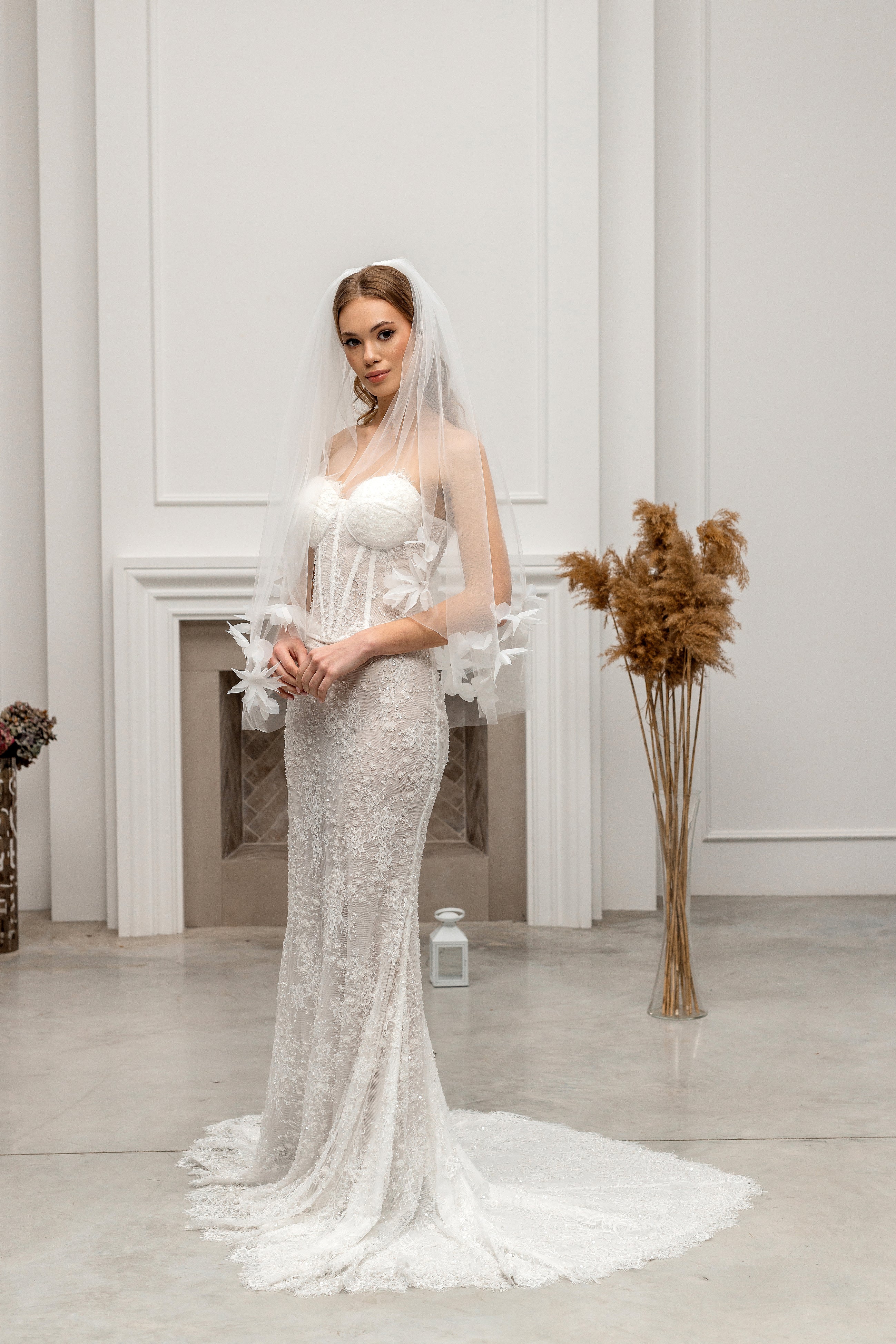 Ivory Fingertip-Length Bridal Veil with Flowers