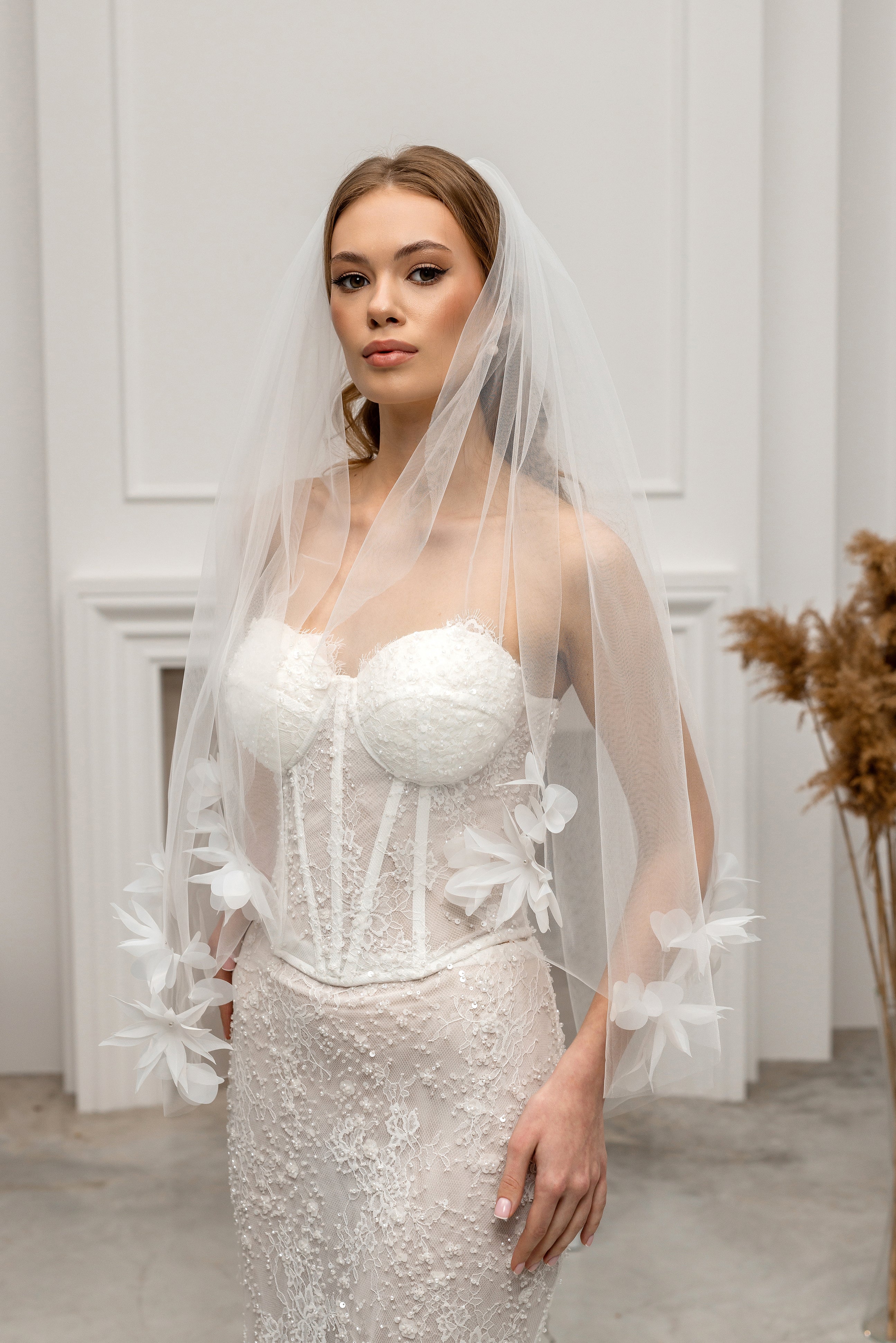 Ivory Fingertip-Length Bridal Veil with Flowers