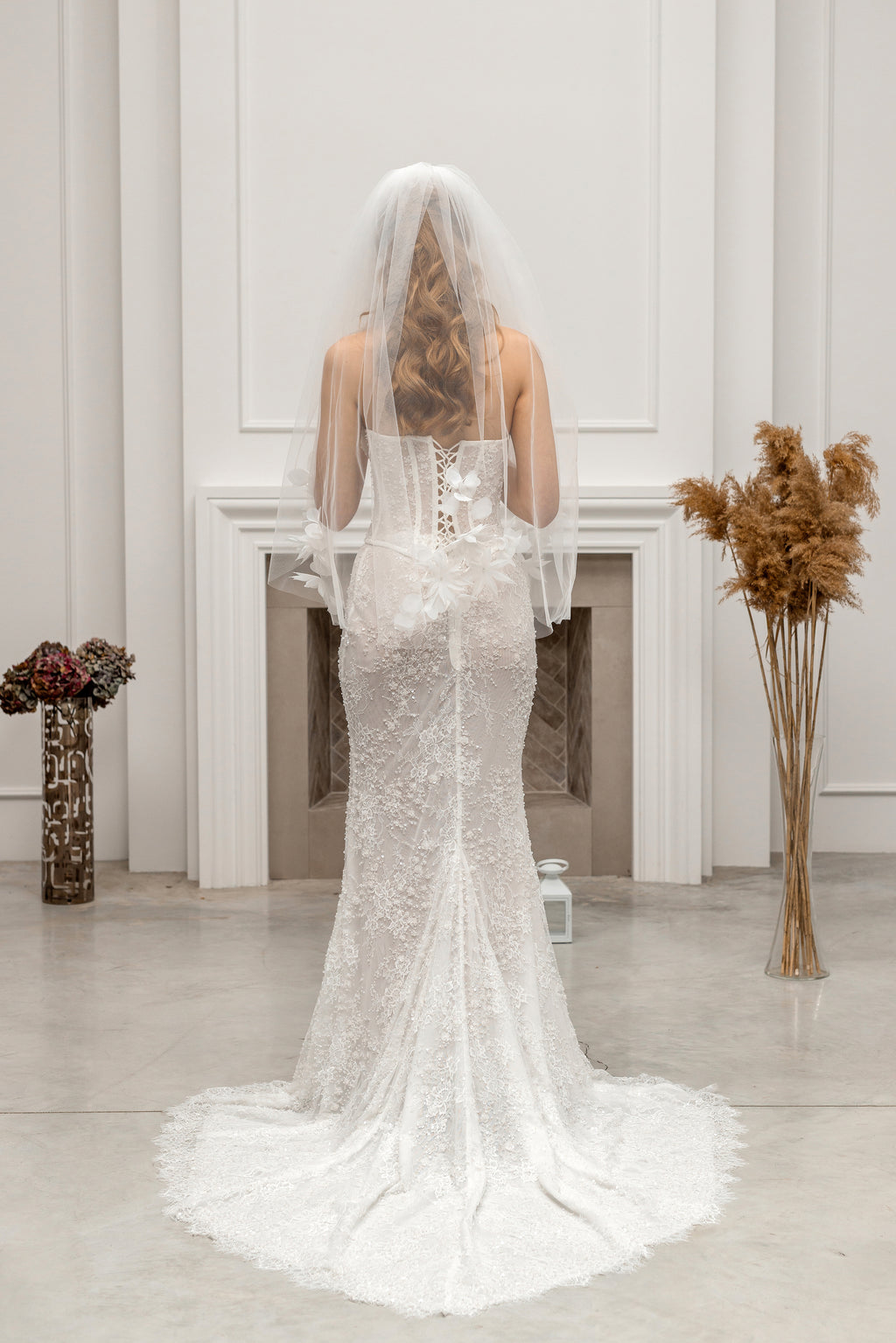 Ivory Fingertip-Length Bridal Veil with Flowers