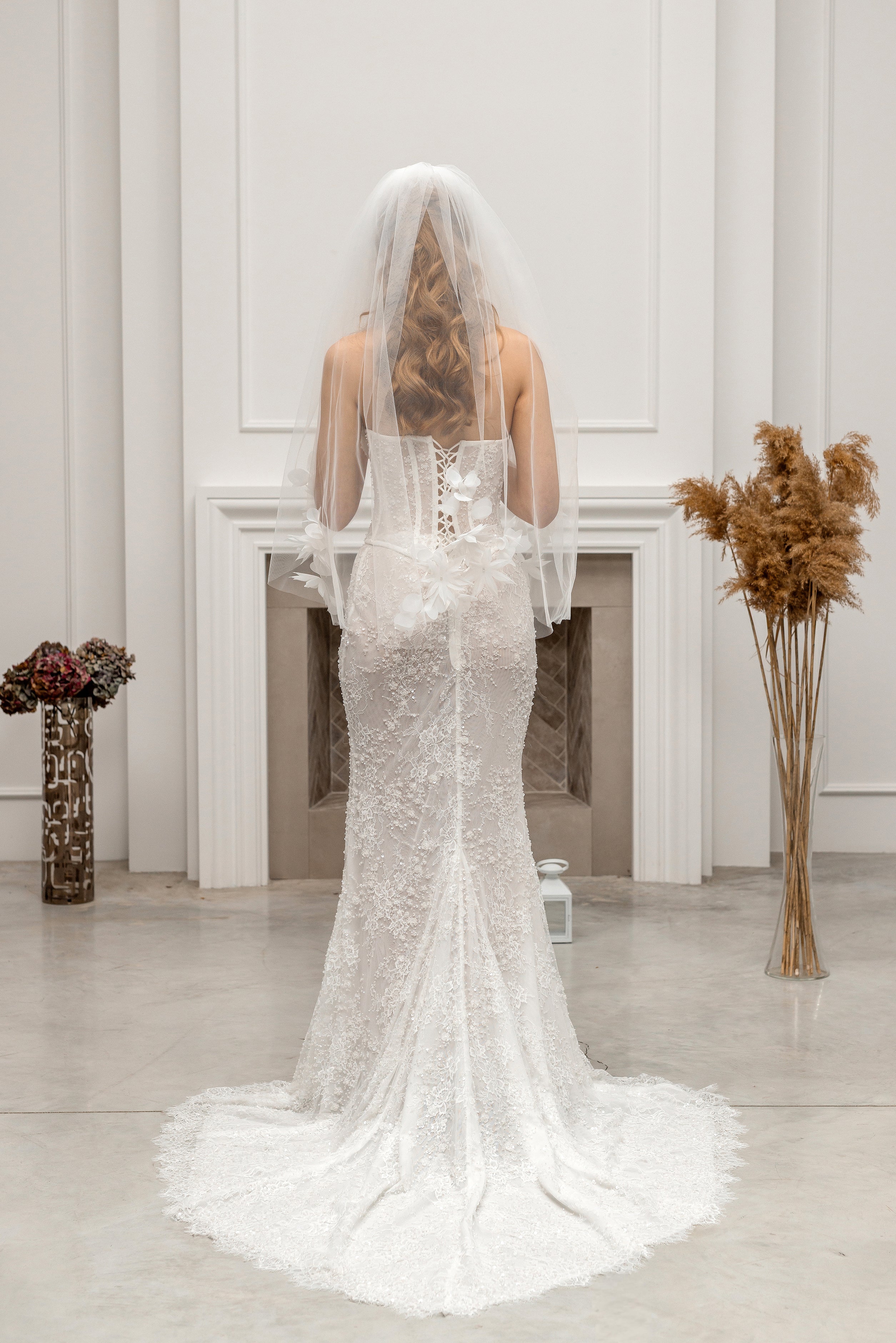 Ivory Fingertip-Length Bridal Veil with Flowers