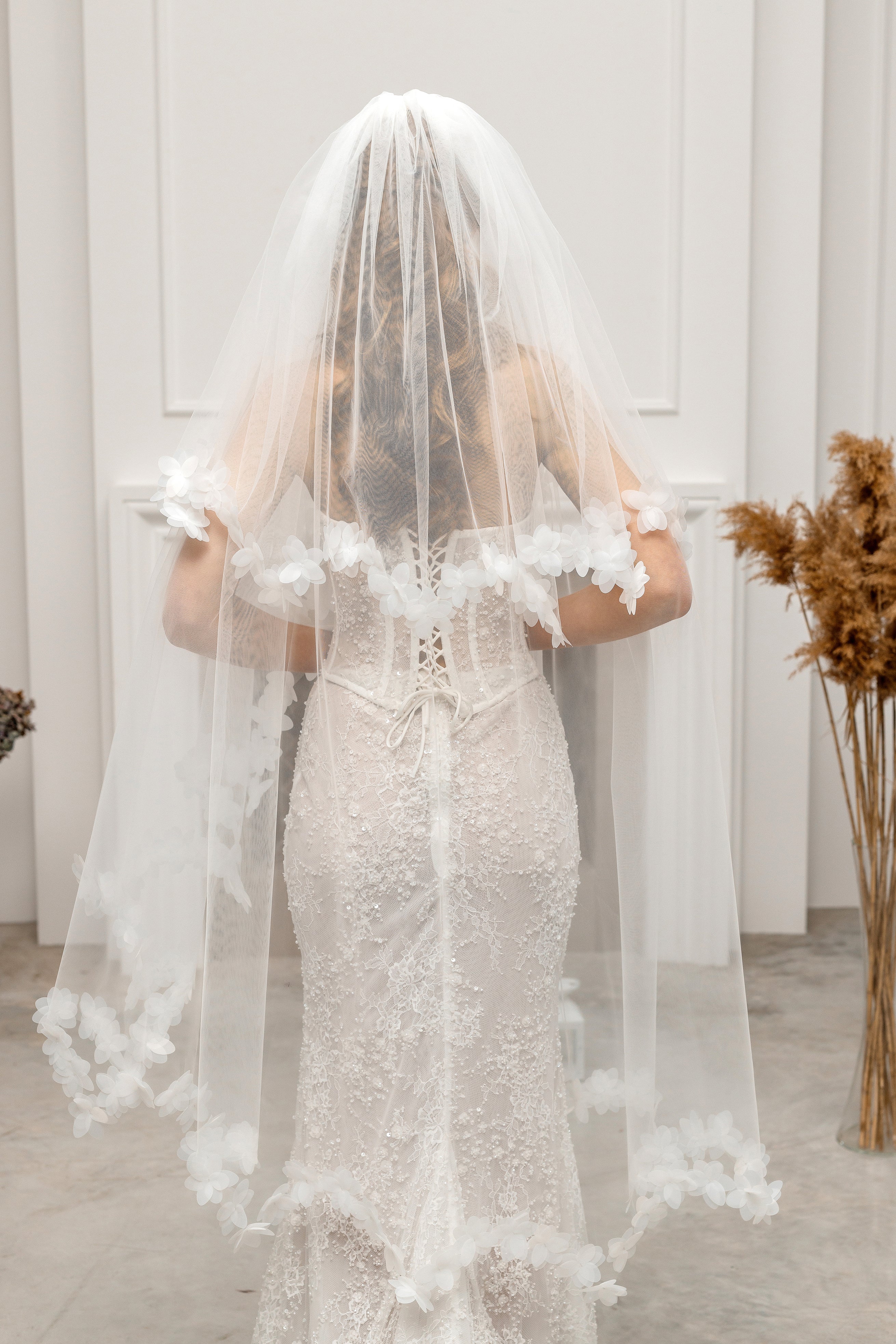 Ivory Waltz-Length Bridal Veil with Delicate Floral Details