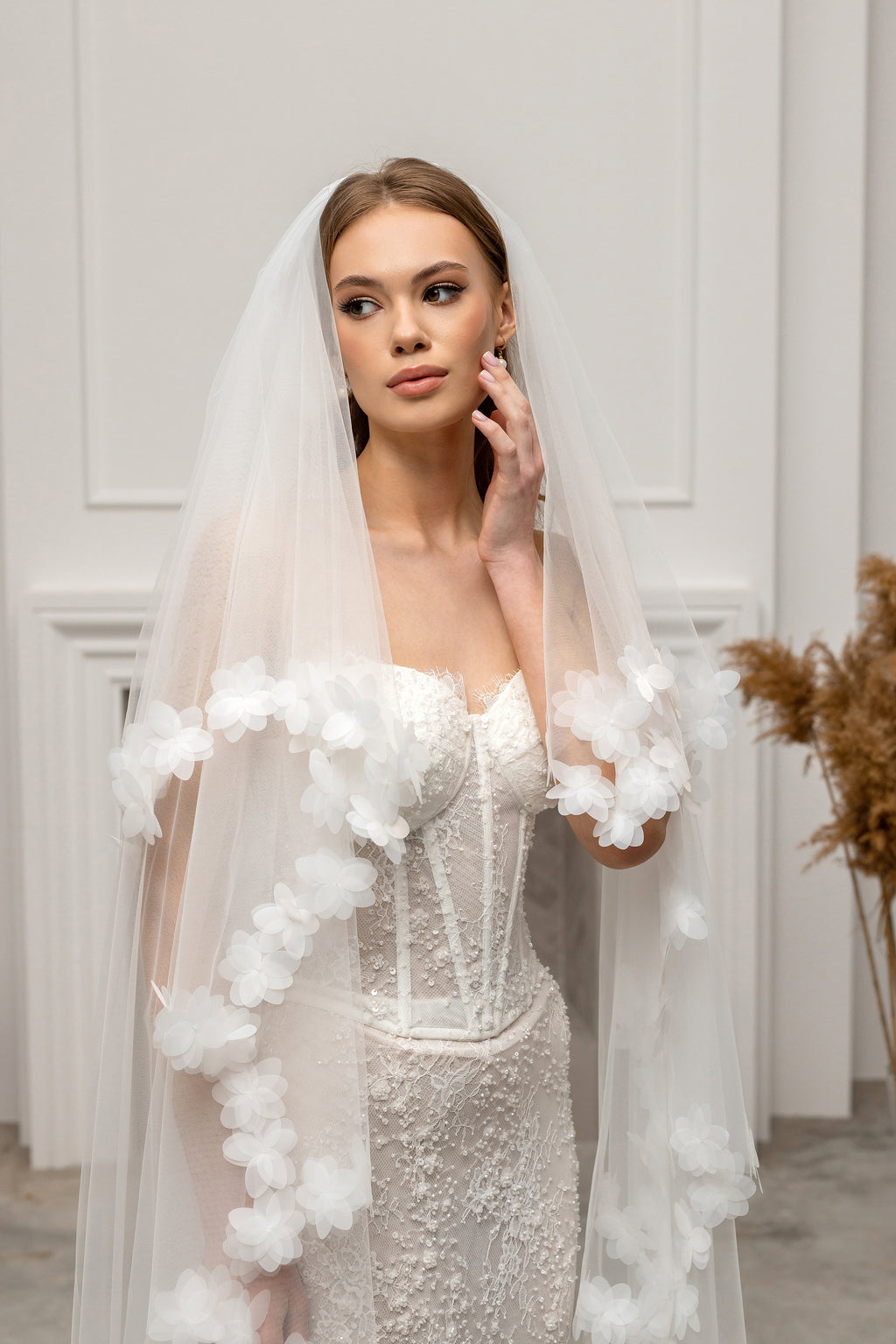 Ivory Waltz-Length Bridal Veil with Delicate Floral Details