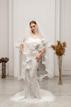 Ivory Waltz-Length Bridal Veil with Delicate Floral Details