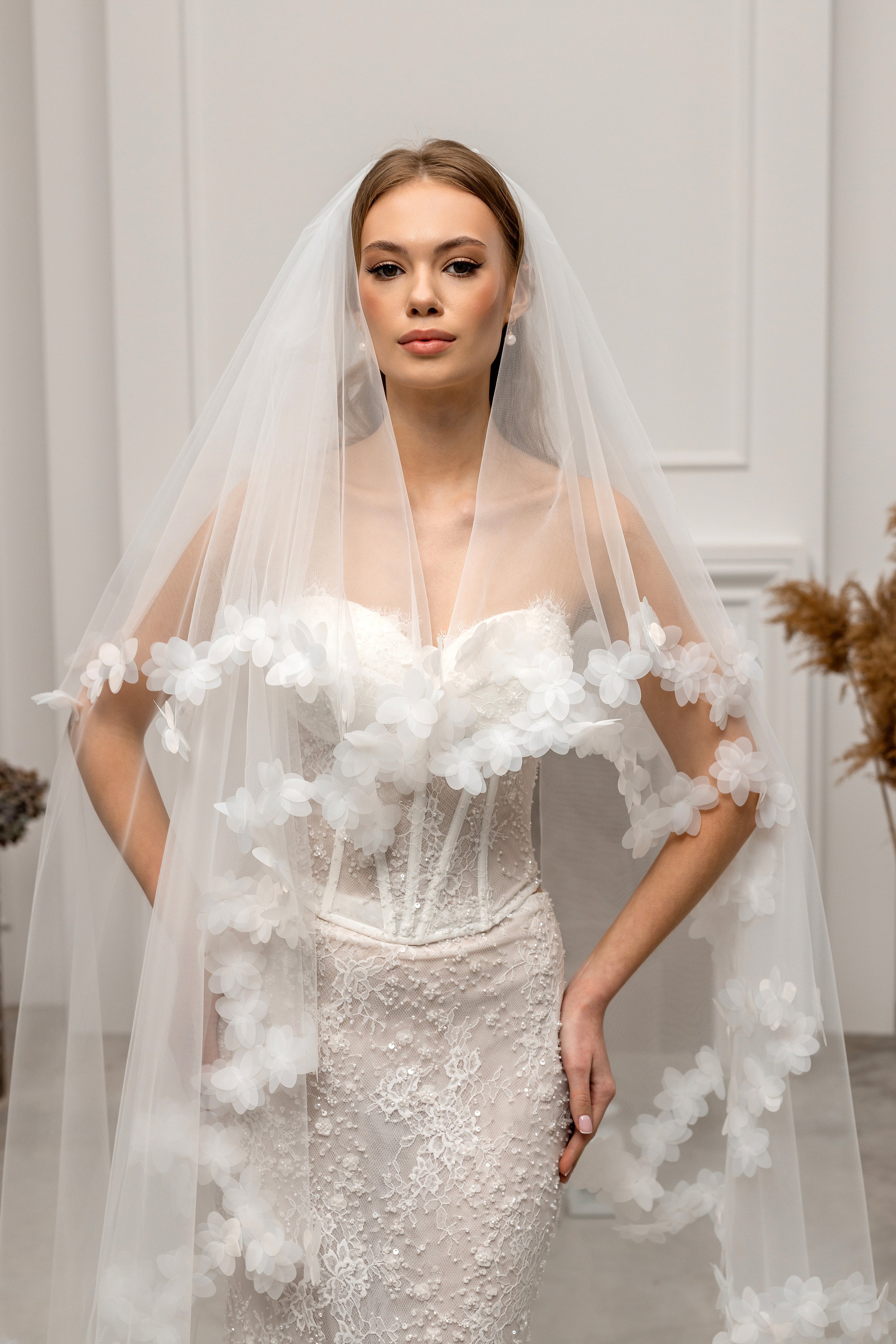 Ivory Waltz-Length Bridal Veil with Delicate Floral Details