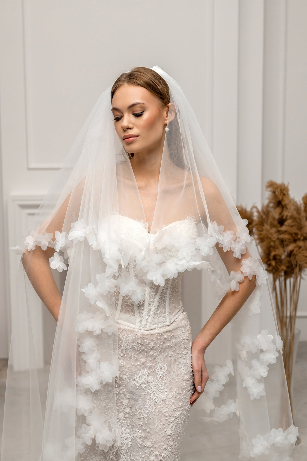 Ivory Waltz-Length Bridal Veil with Delicate Floral Details