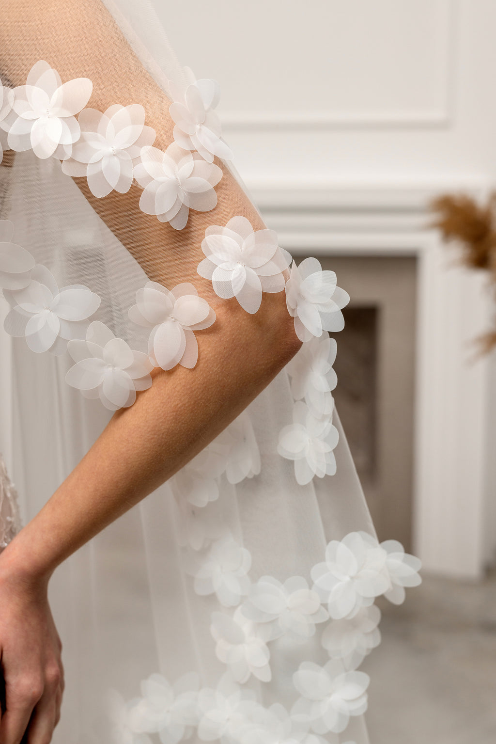 Ivory Waltz-Length Bridal Veil with Delicate Floral Details