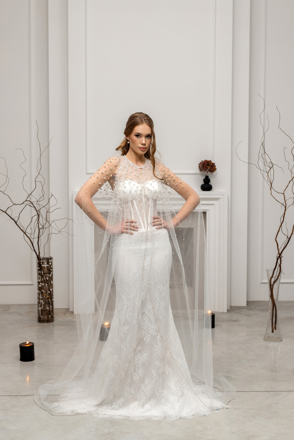 Ivory Bridal Cape with Pearls