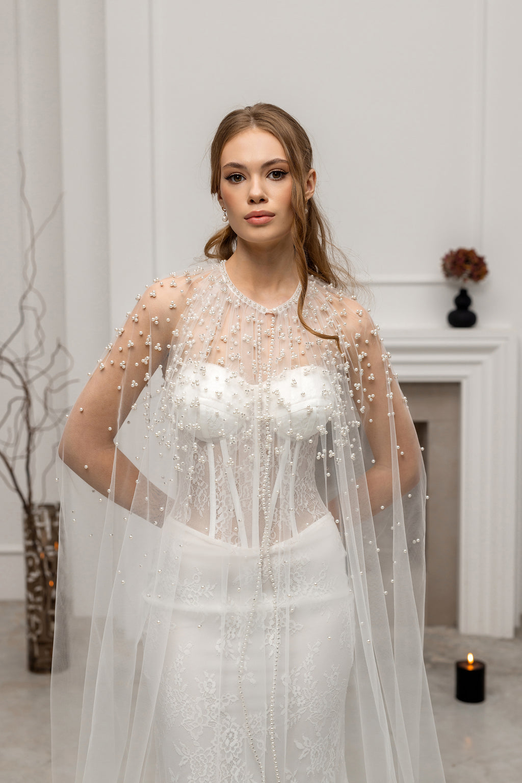 Ivory Bridal Cape with Pearls