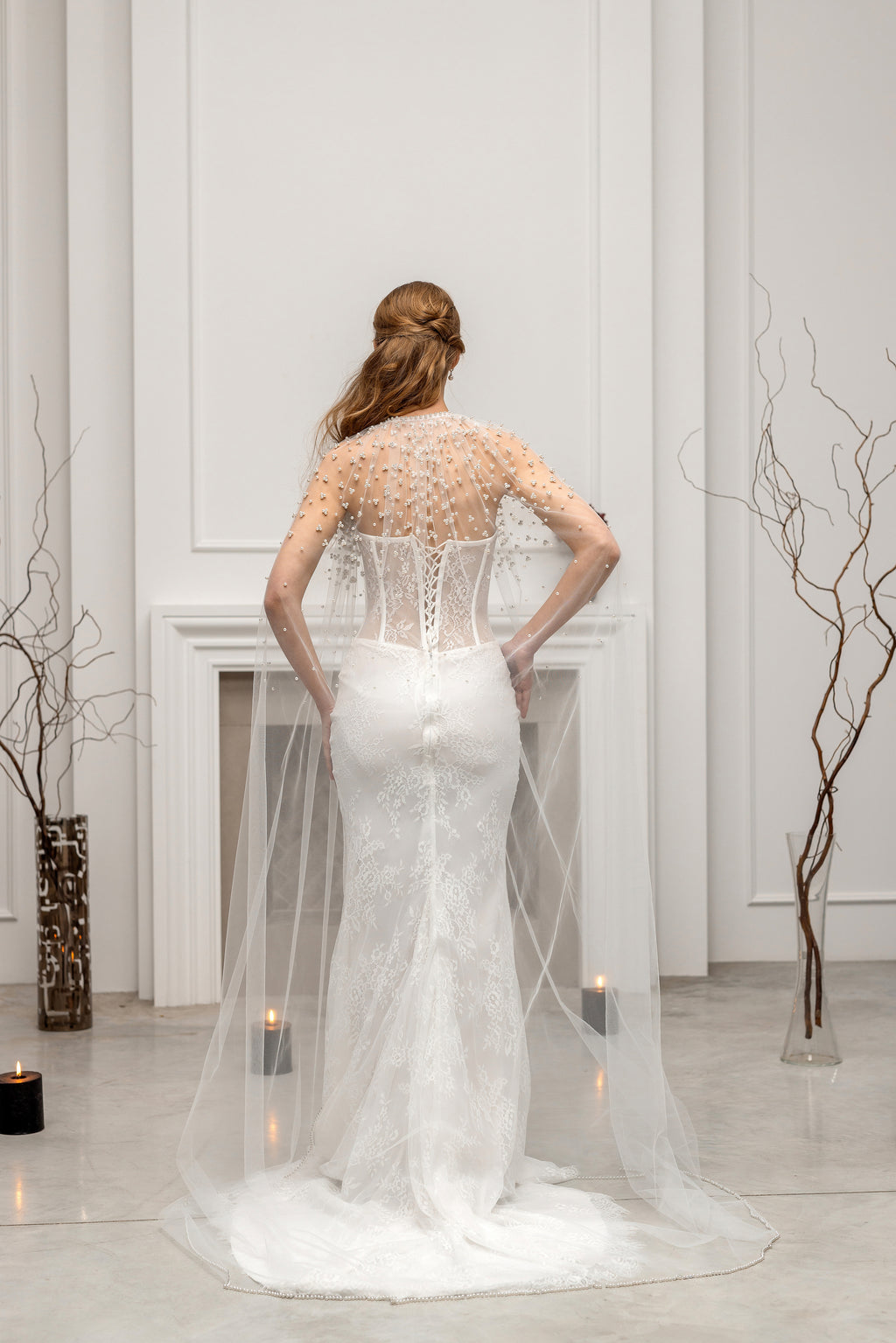 Ivory Bridal Cape with Pearls