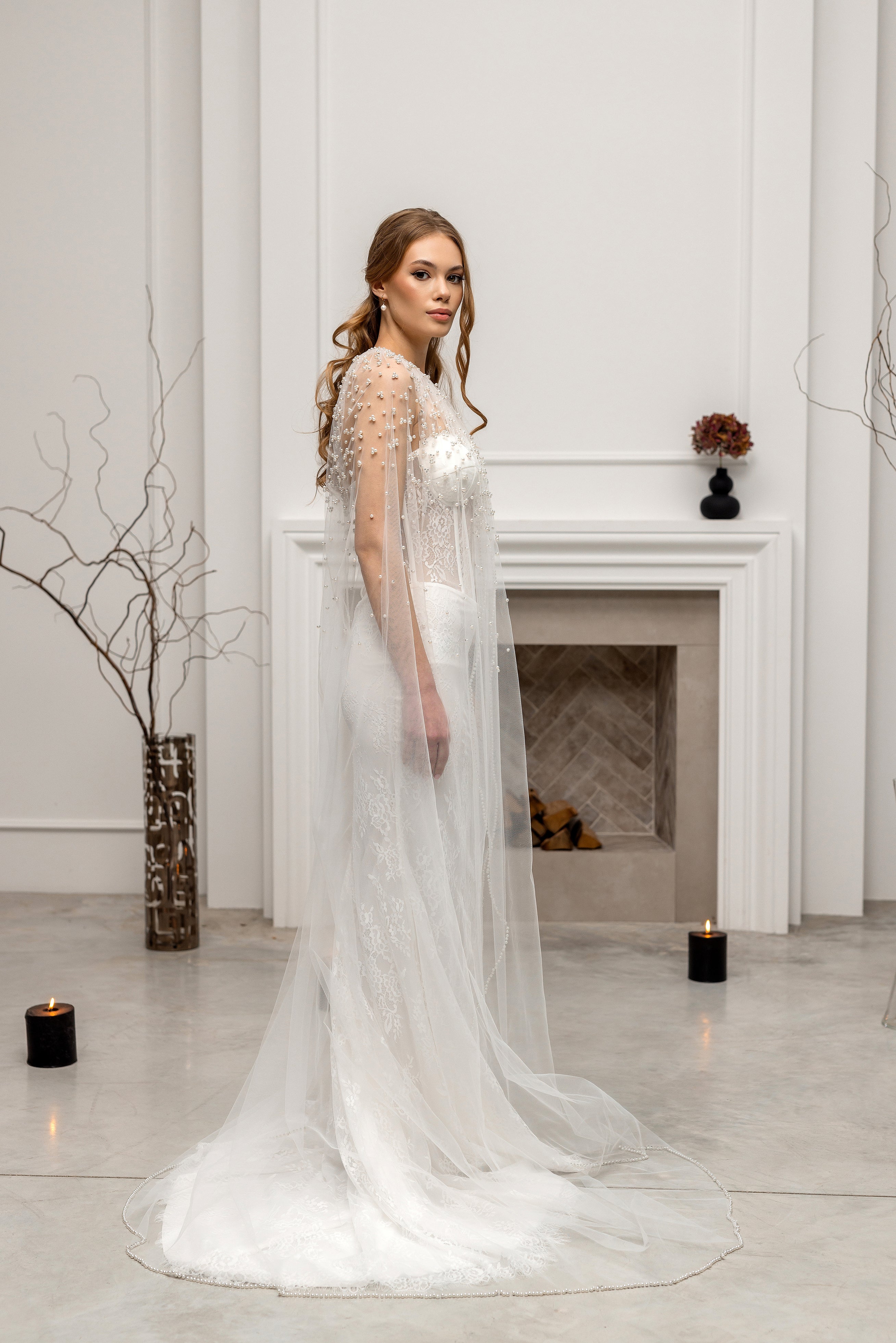 Ivory Bridal Cape with Pearls