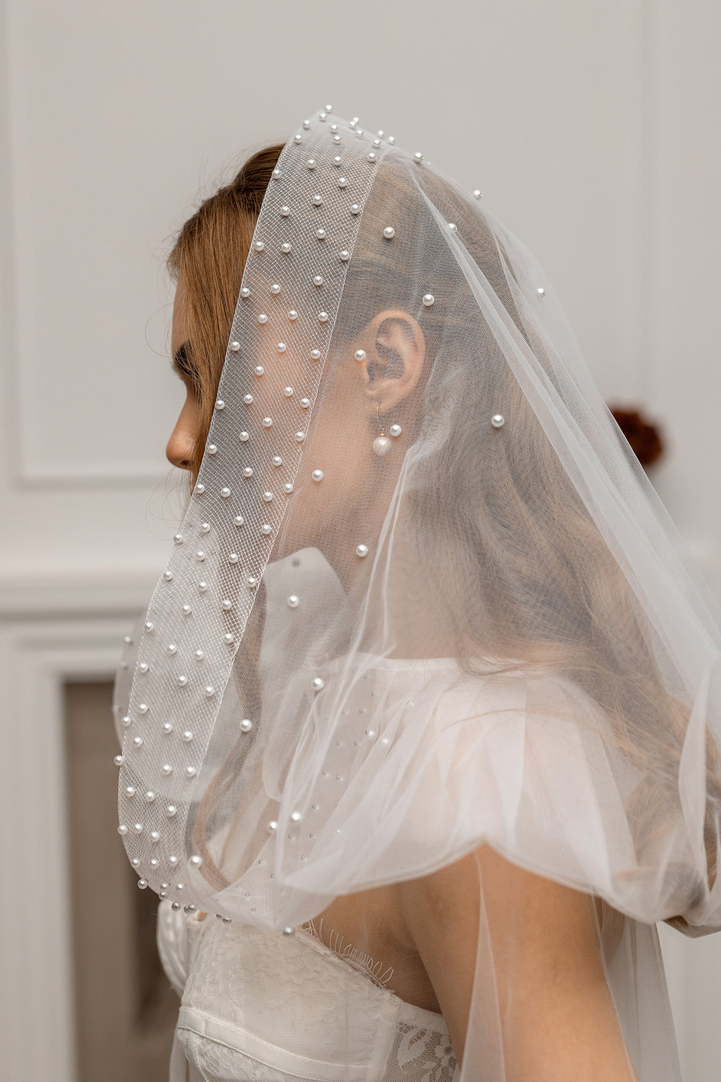 White Bridal Hood with Pearls