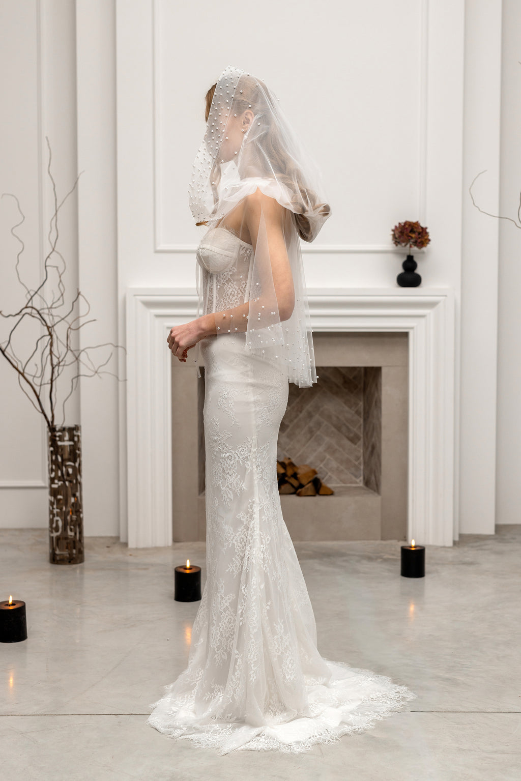 White Bridal Hood with Pearls
