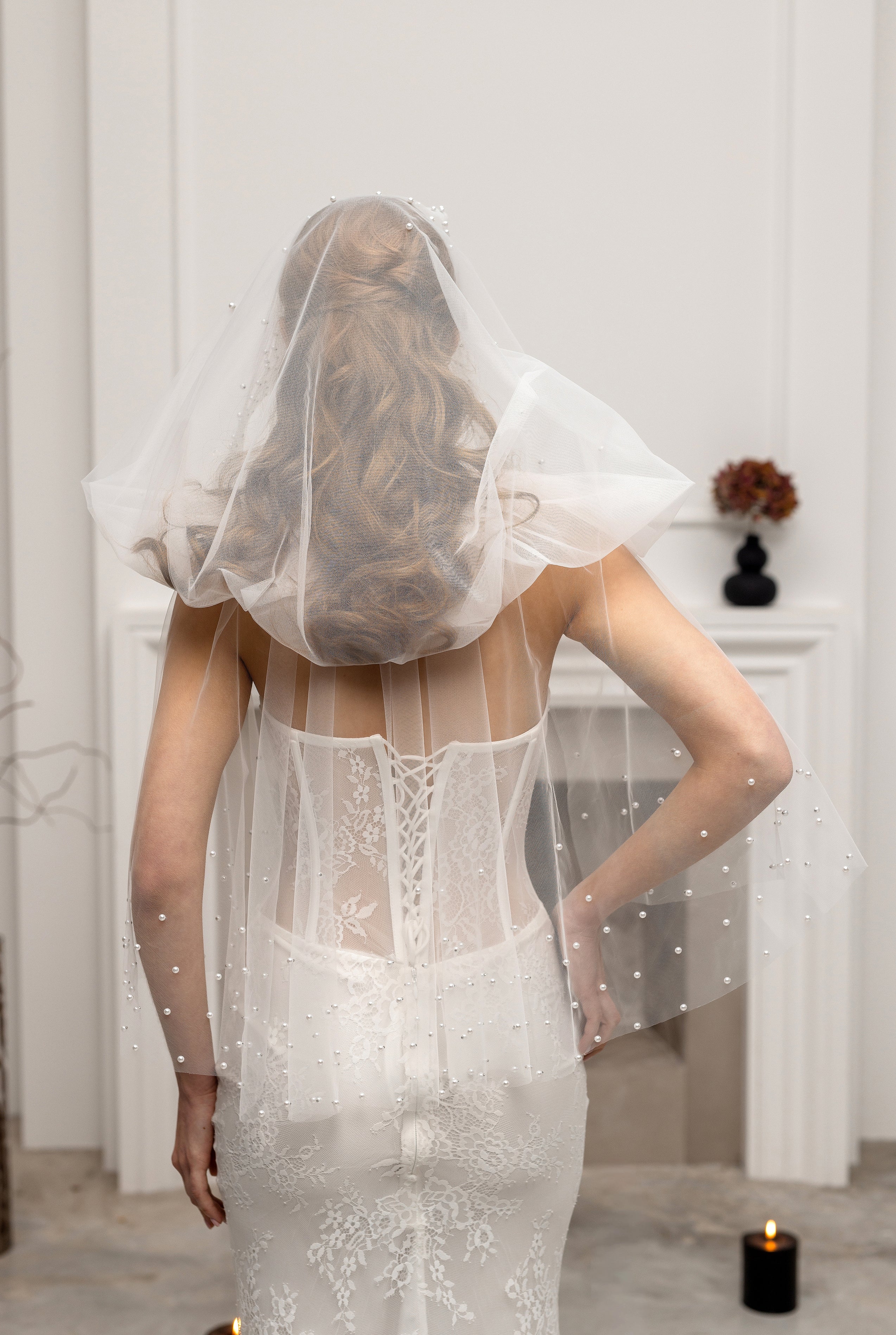 White Bridal Hood with Pearls