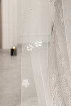 White Bridal Veil with Floral Edge and Pearls