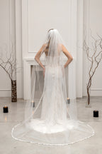 White Chapel-Length Bridal Veil with Flowers and Pearls