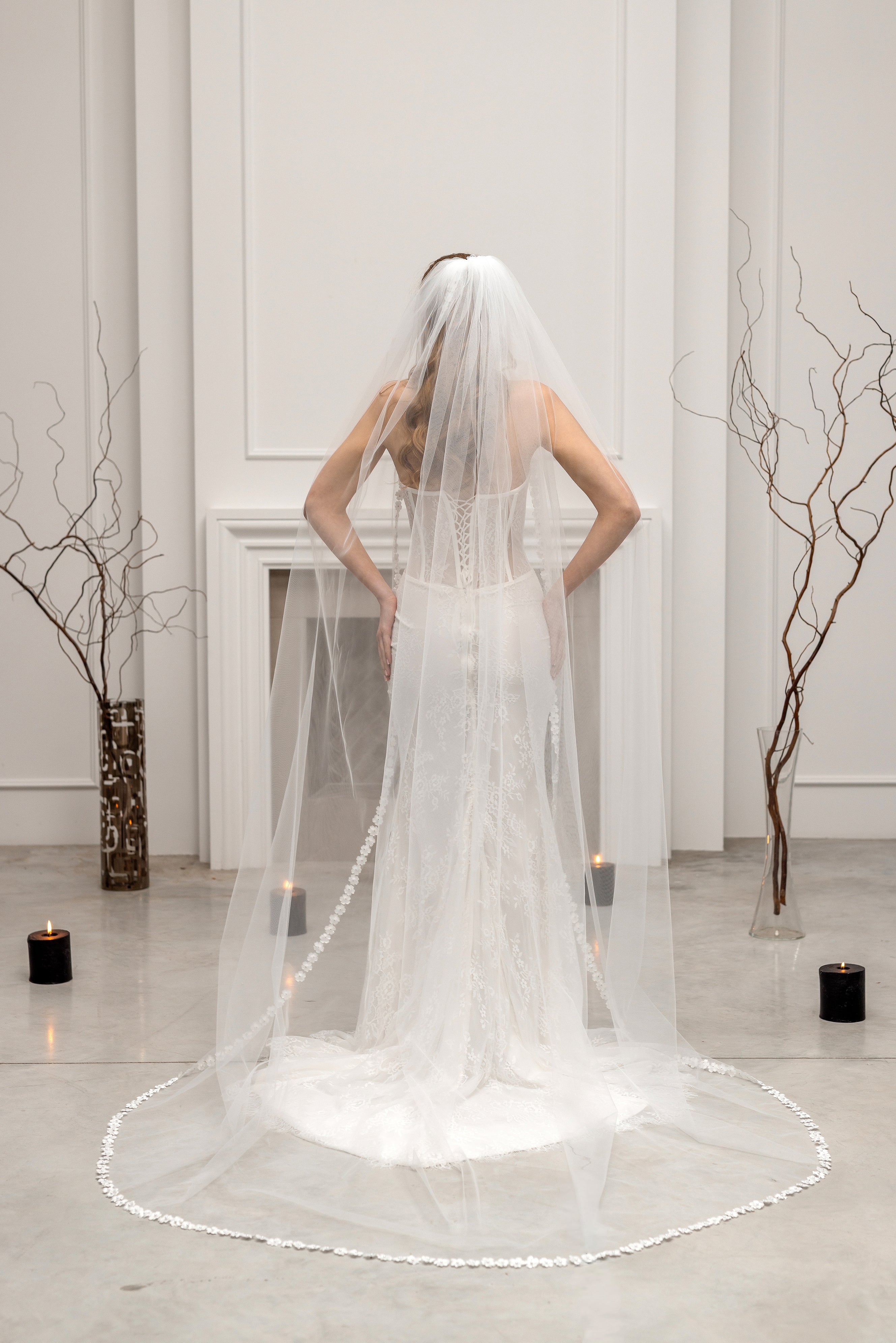 White Chapel-Length Bridal Veil with Flowers and Pearls