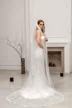 White Chapel-Length Bridal Veil with Flowers and Pearls
