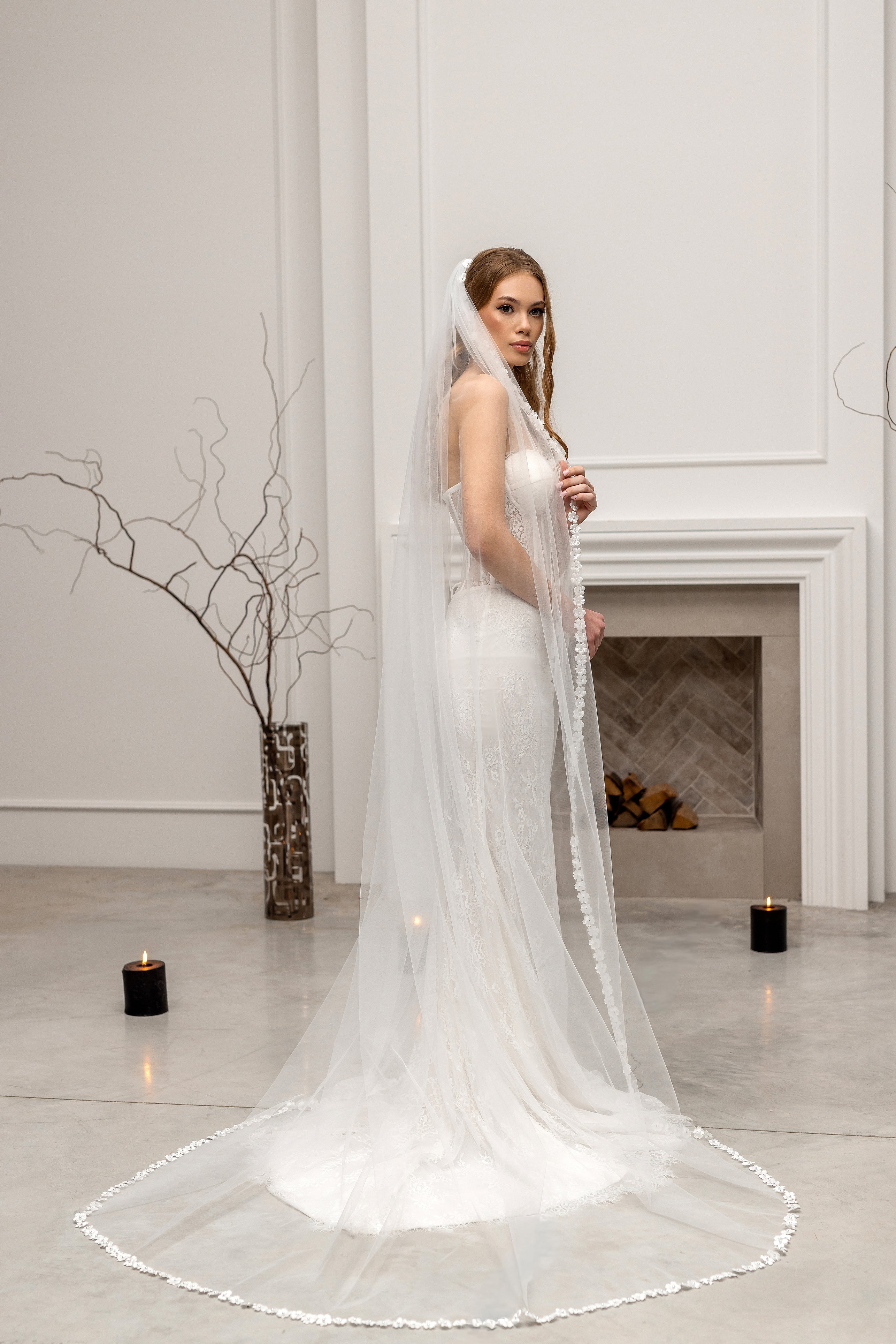 White Chapel-Length Bridal Veil with Flowers and Pearls