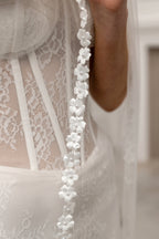 White Chapel-Length Bridal Veil with Flowers and Pearls