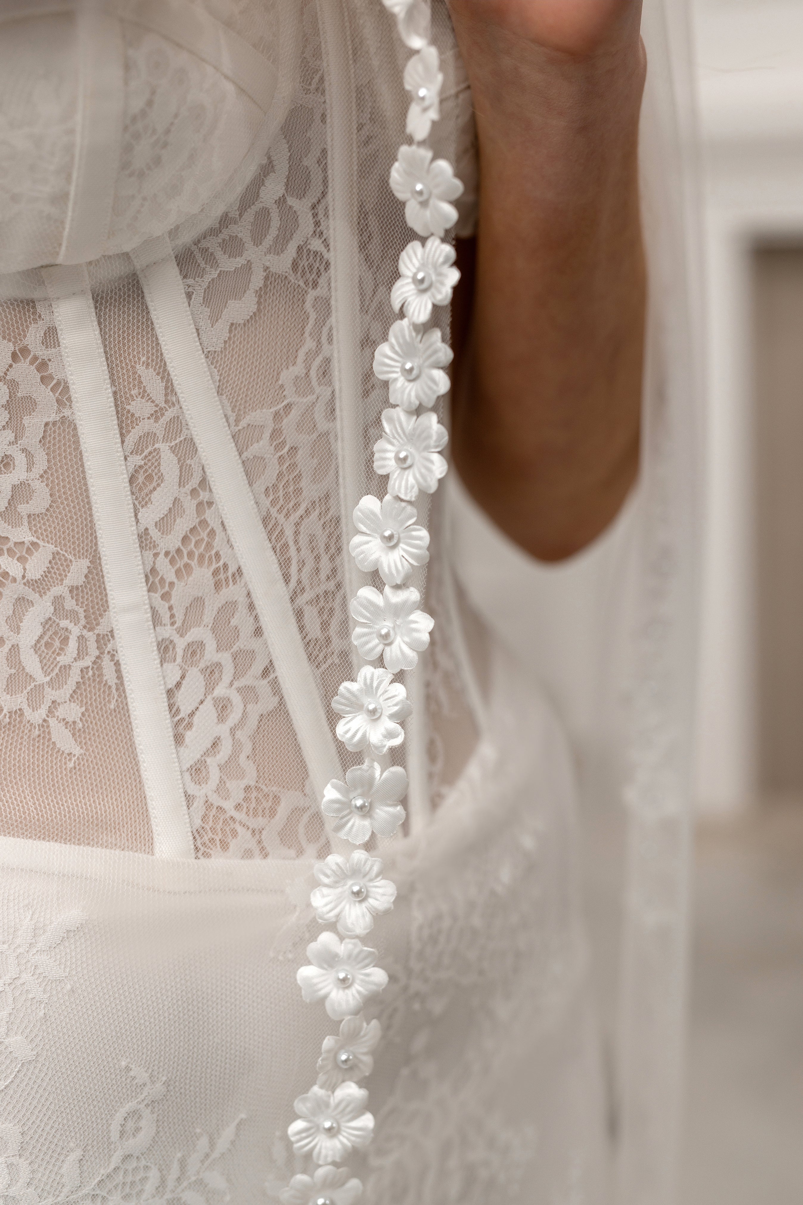 White Chapel-Length Bridal Veil with Flowers and Pearls