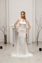 White Chapel-Length Bridal Veil with Flowers and Pearls