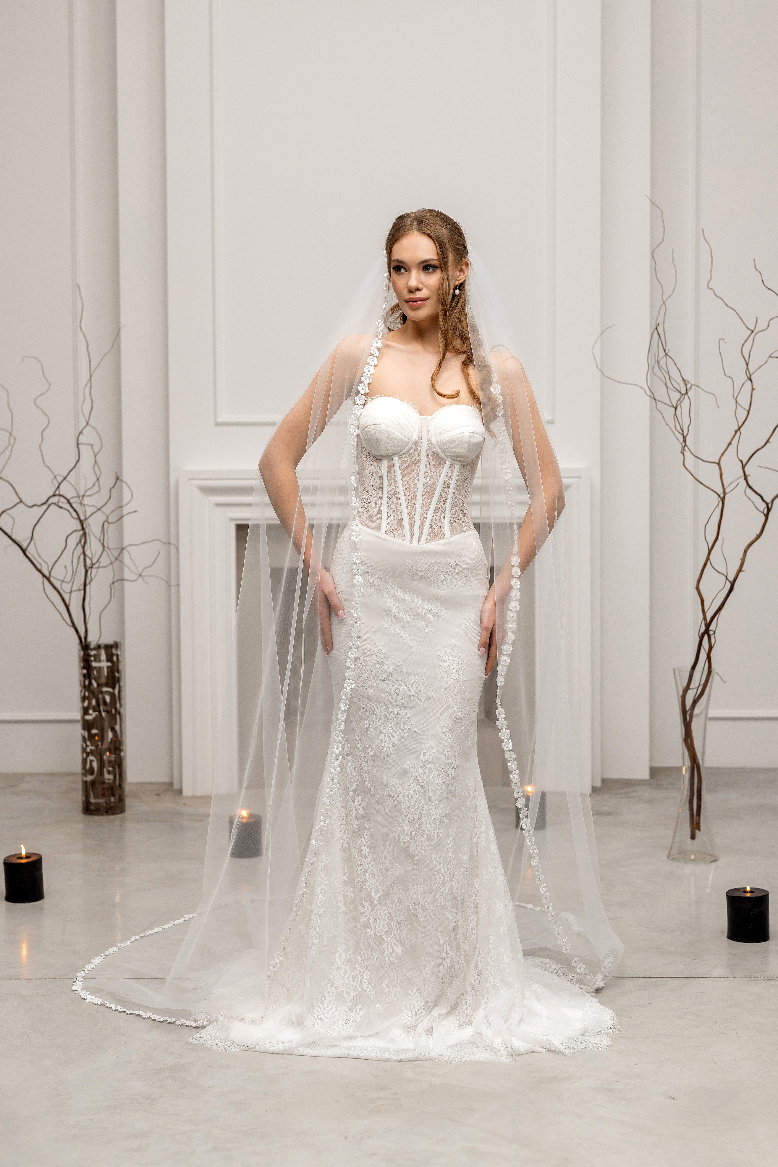 White Chapel-Length Bridal Veil with Flowers and Pearls