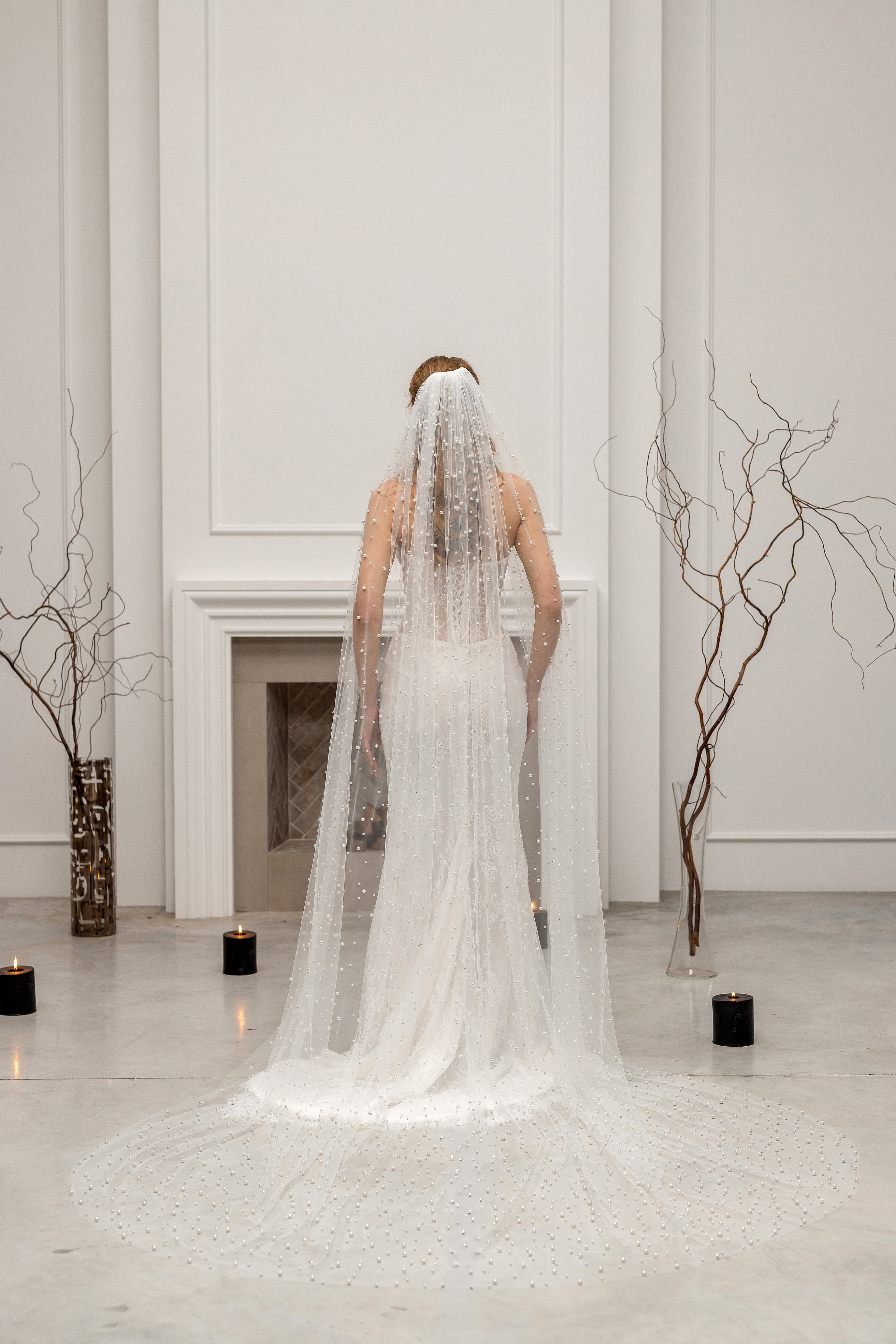 Ivory Cathedral Bridal Veil with Pearls