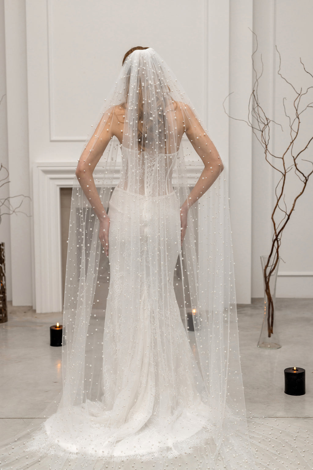 Ivory Cathedral Bridal Veil with Pearls