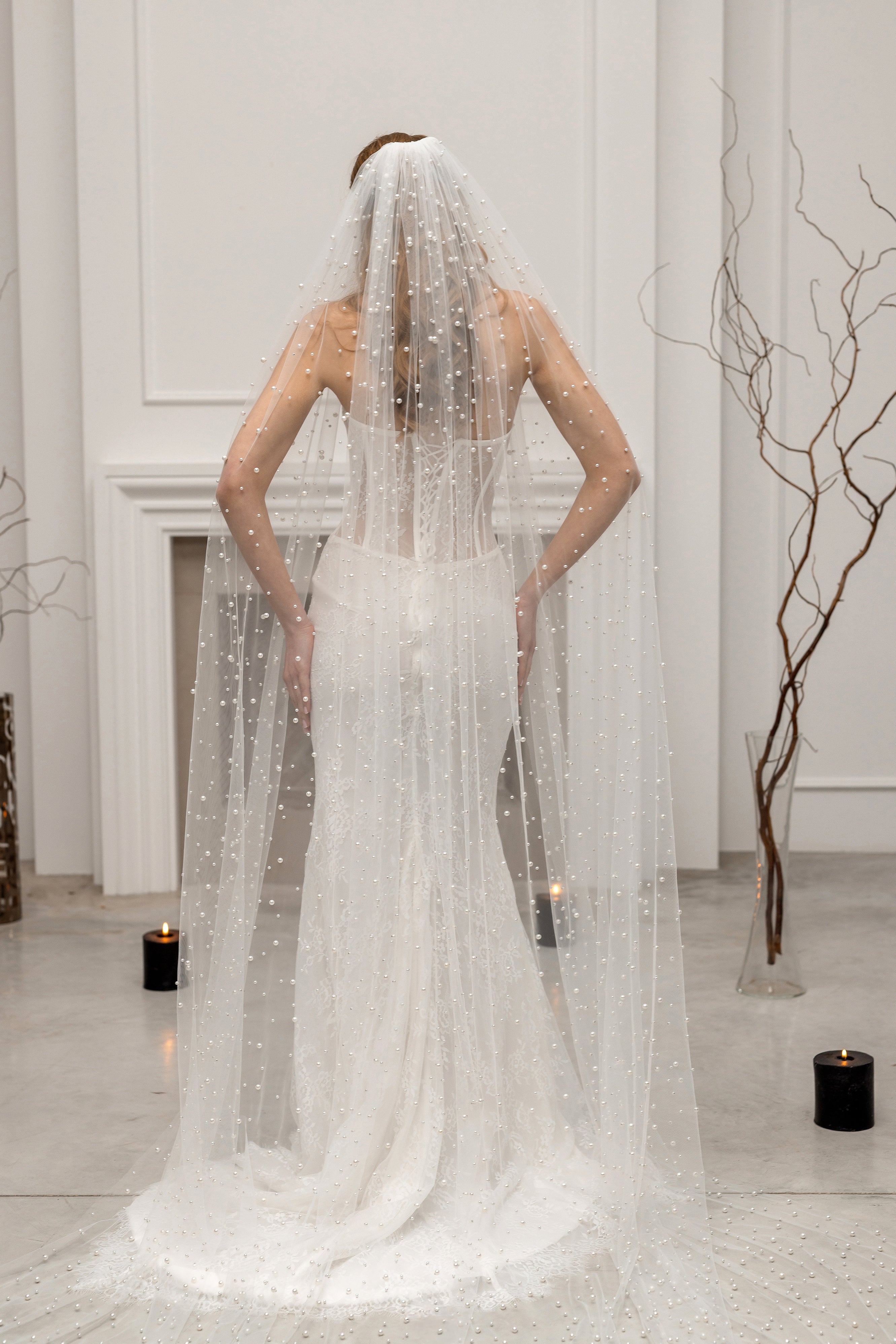 Ivory Cathedral Bridal Veil with Pearls
