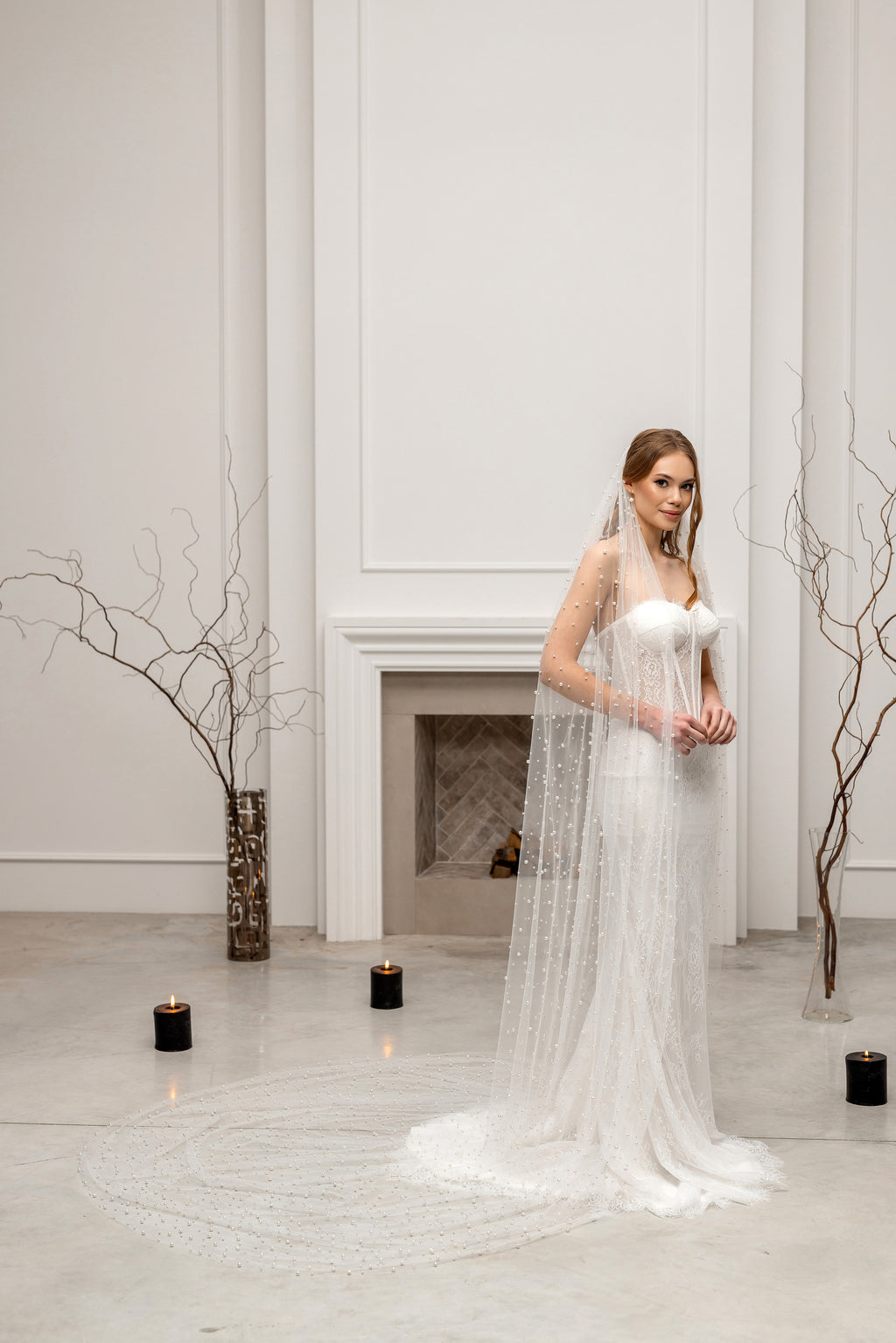 Ivory Cathedral Bridal Veil with Pearls