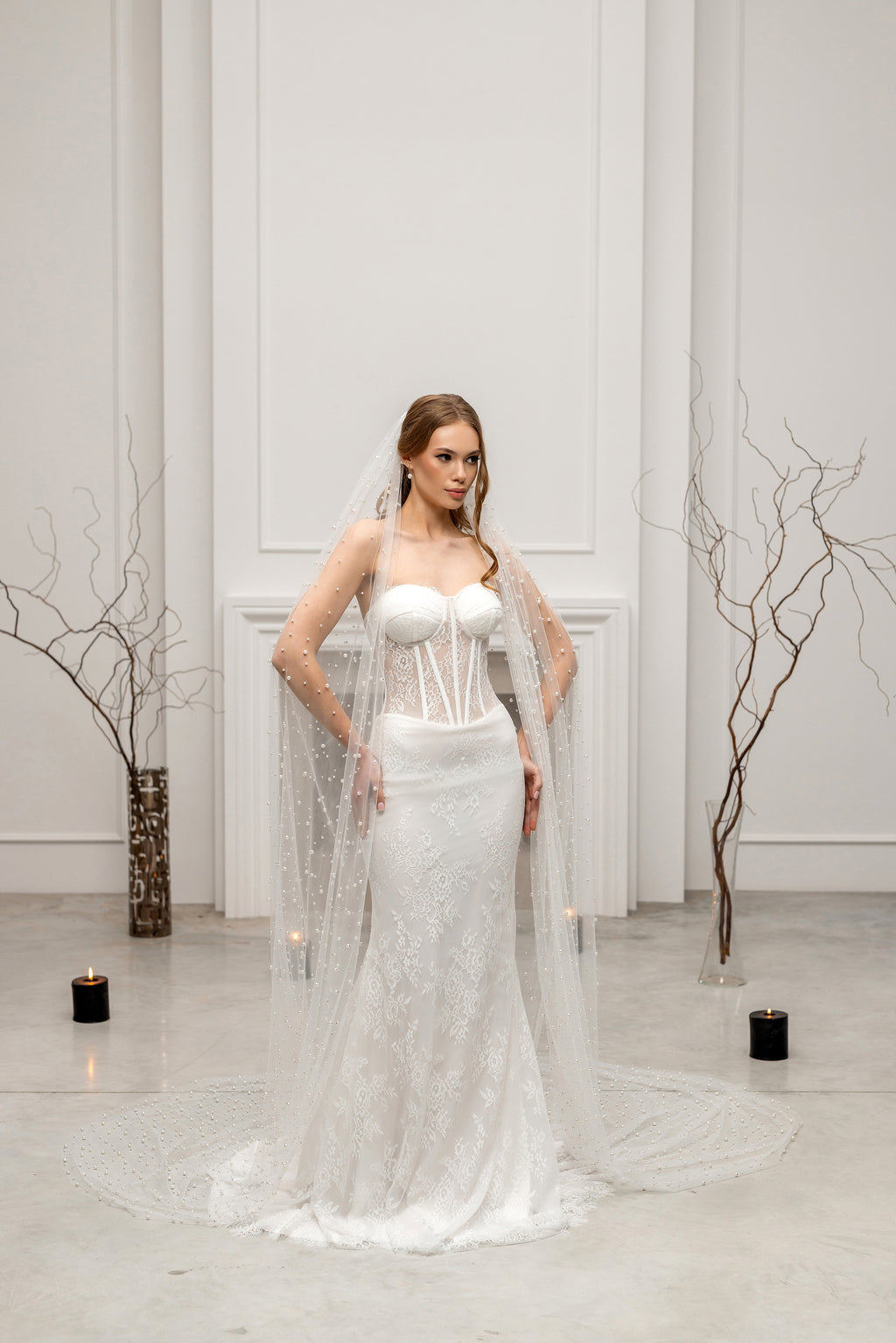Ivory Cathedral Bridal Veil with Pearls