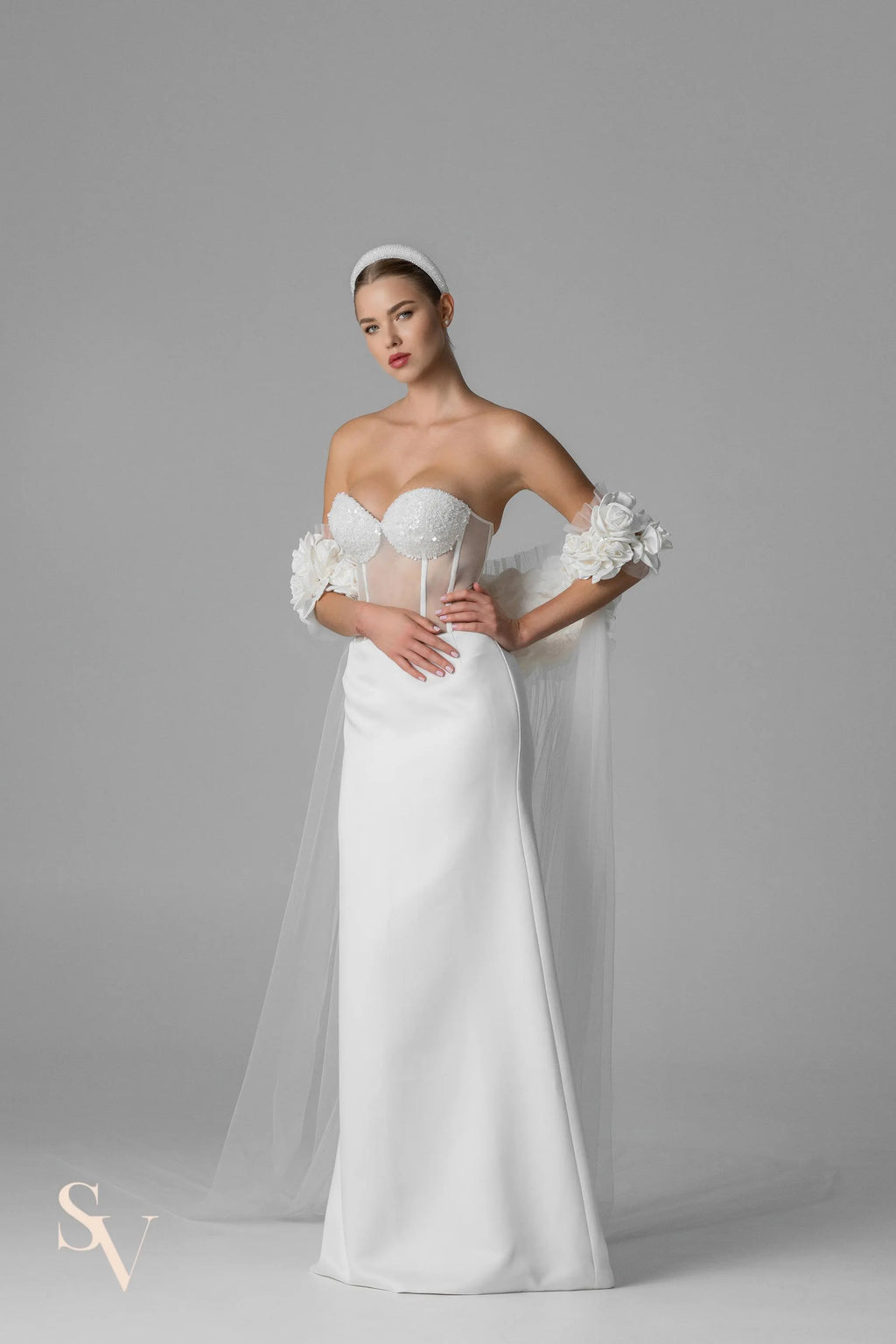 Cathedral Bridal Cape in Italian Tulle with Silk Roses
