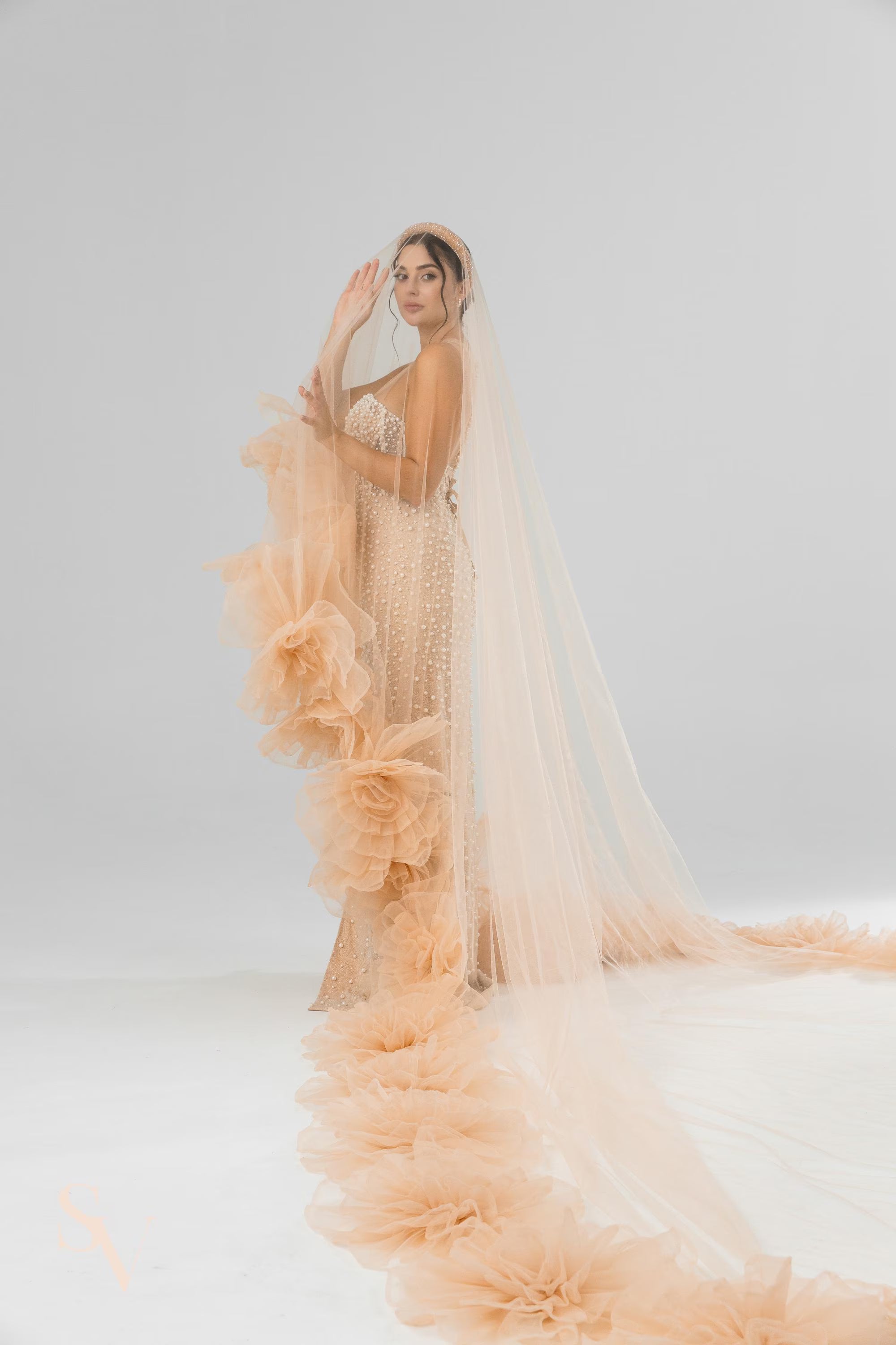 Cappuccino Royal Cathedral Oval Bridal Veil with 5D Flowers