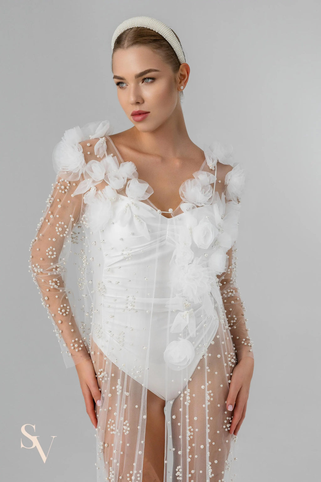 Ivory Chapel-Length Bridal Cape with Flowers and Pearls
